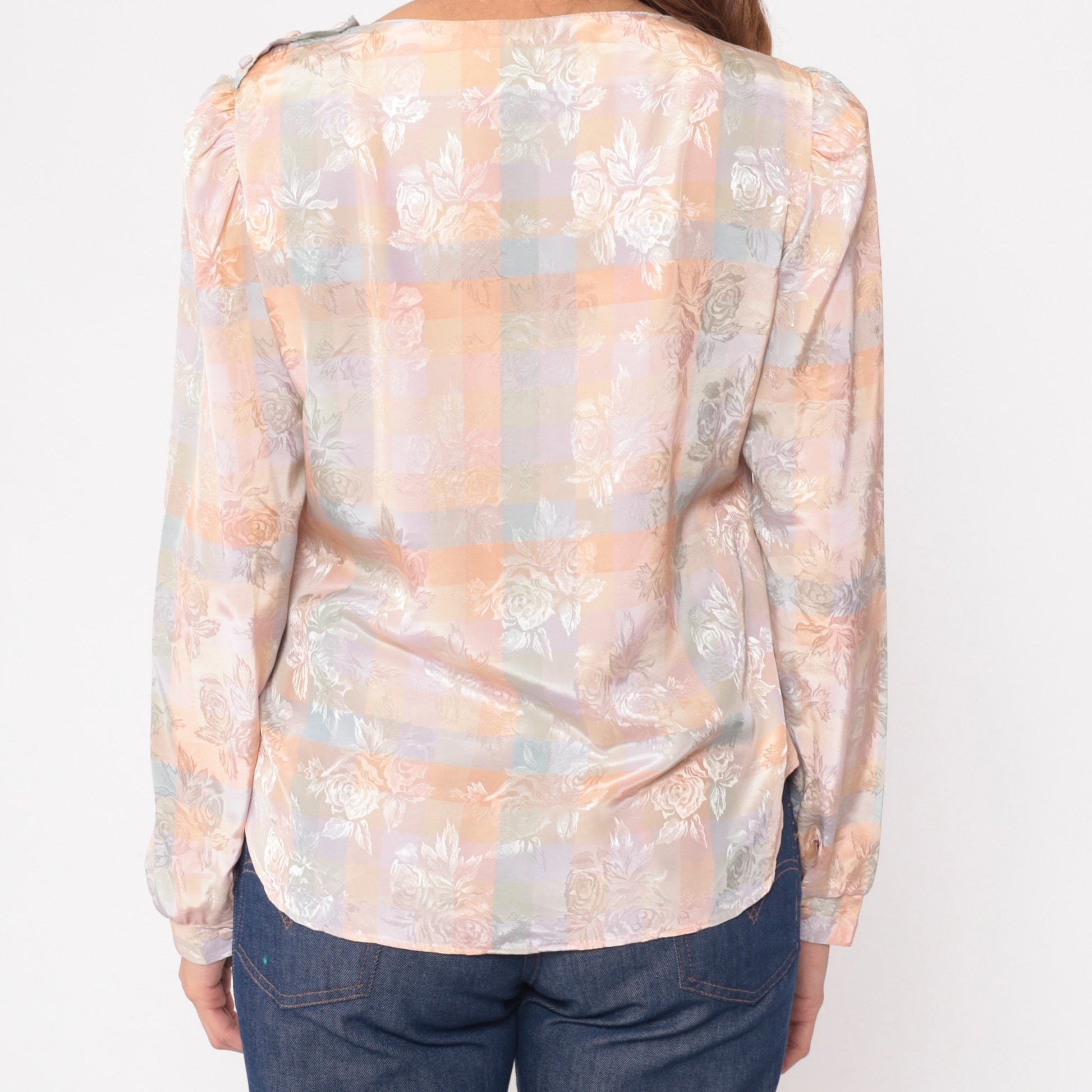 80s Kaki Roberts Peach Checkered Floral Puff Sleeve Blouse Small