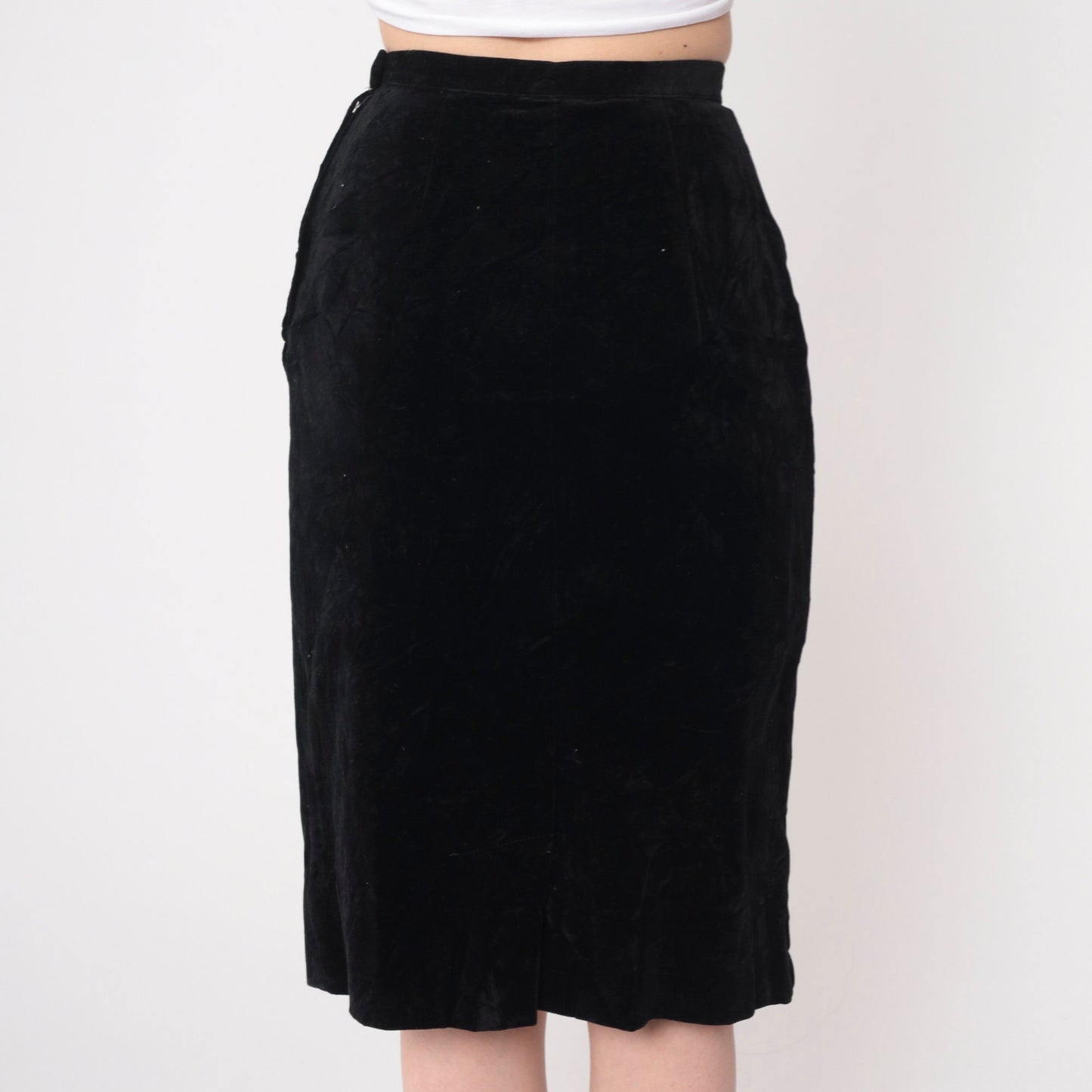 70s Black Velvet Midi Pencil Skirt High Waisted Extra Small XS