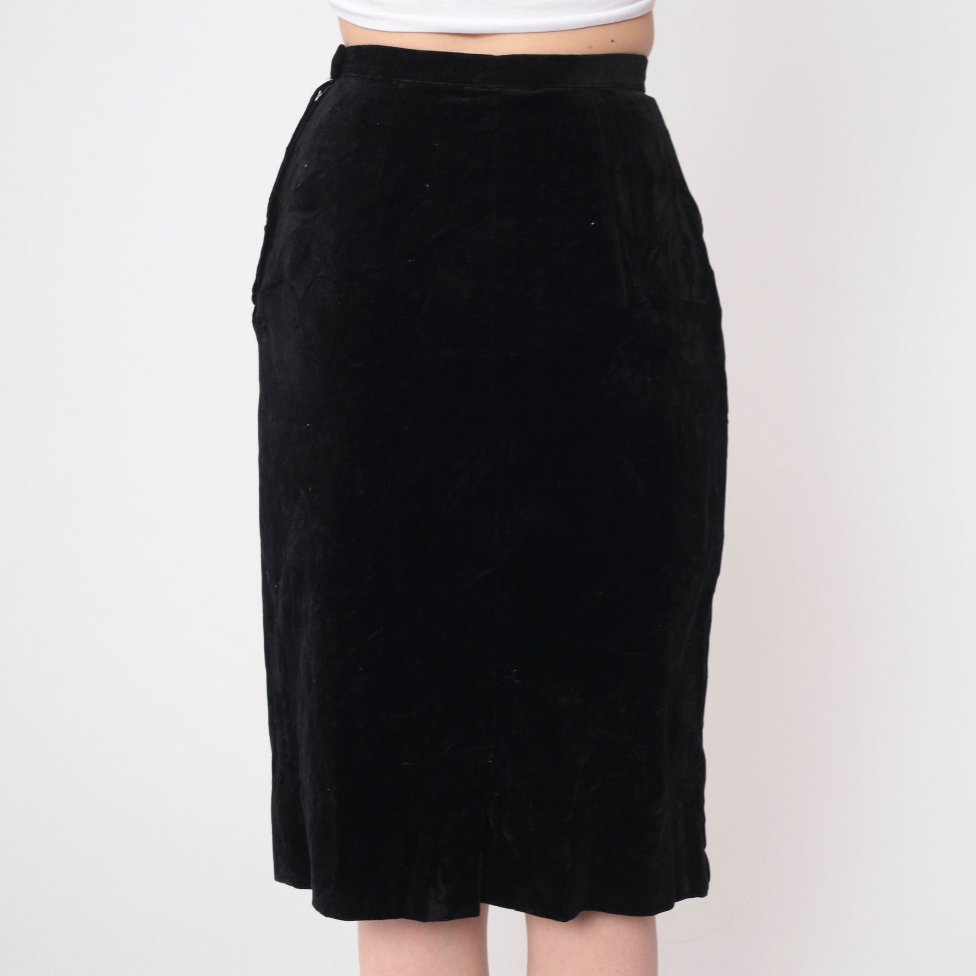 70s Black Velvet Midi Pencil Skirt High Waisted Extra Small XS