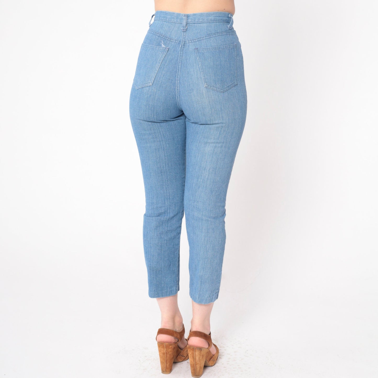 70s High Waist Skinny Jeans Blue Denim Cropped Ankle Tight Fit XXS