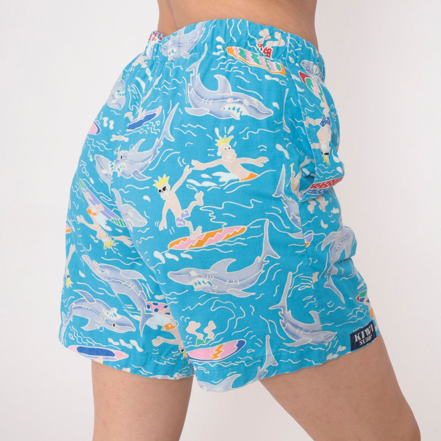 90s Kiwi Surf Shark Surfer Print Swim Shorts Blue Cotton Small