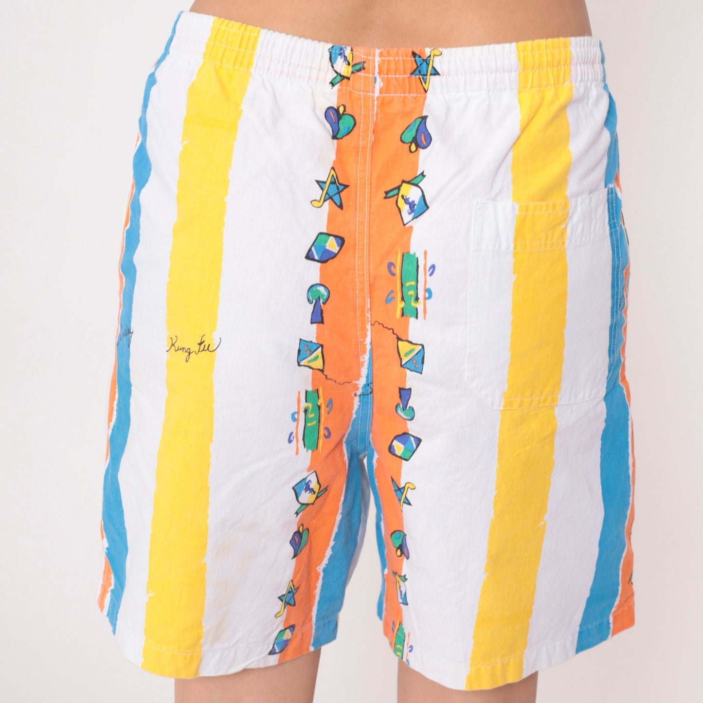 90s Striped Shorts Kung Fu Musical Notes Palm Trees Blue Orange Medium
