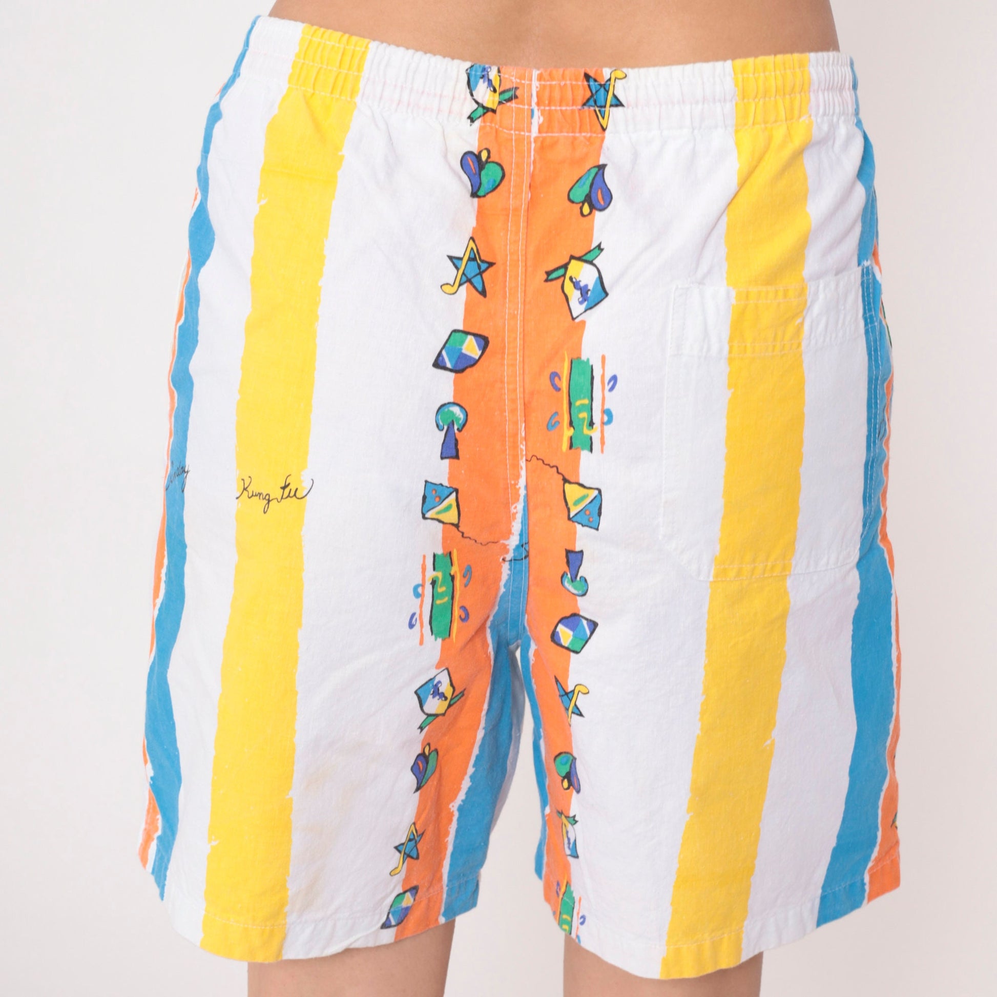 90s Striped Shorts Kung Fu Musical Notes Palm Trees Blue Orange Medium