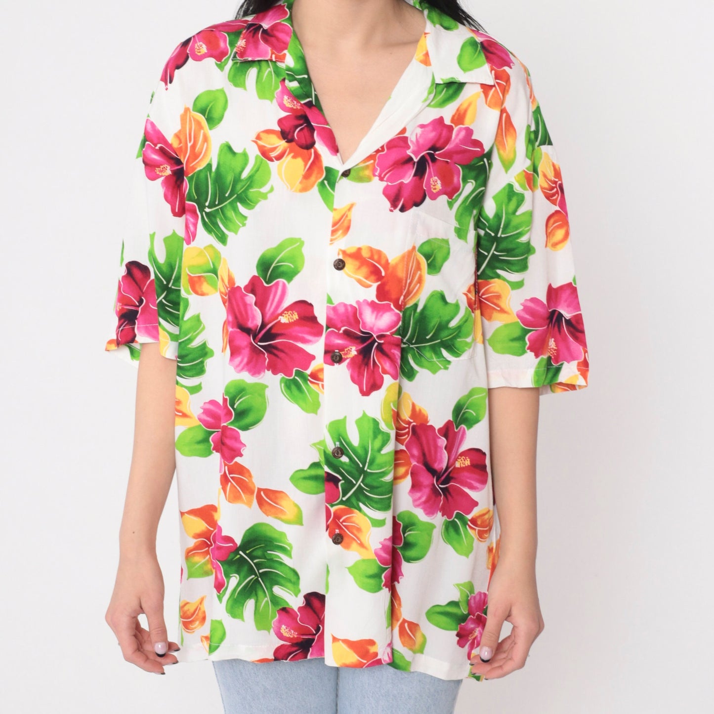 90s Two Palms Hawaiian Shirt White Tropical Floral Button Up Large