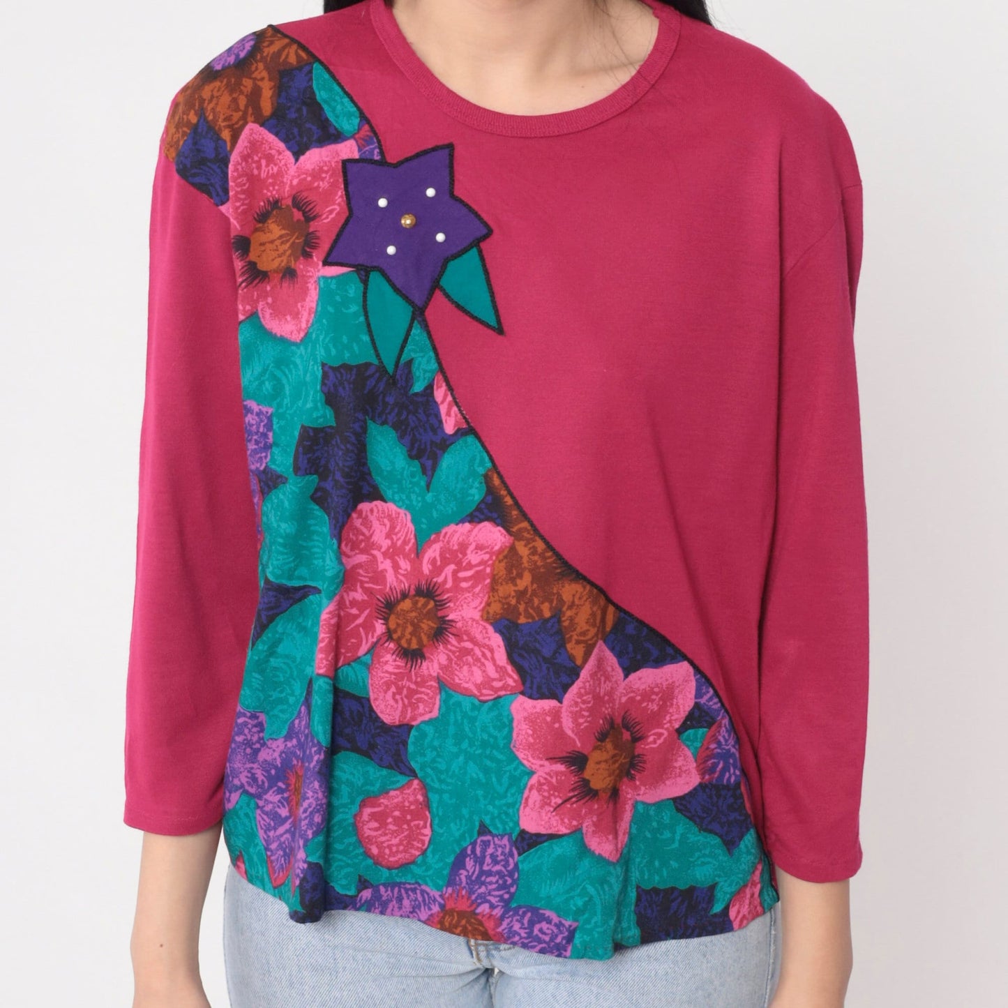 90s Pink Floral Long Sleeve Blouse Pearl Beaded Colorblock Shirt Medium