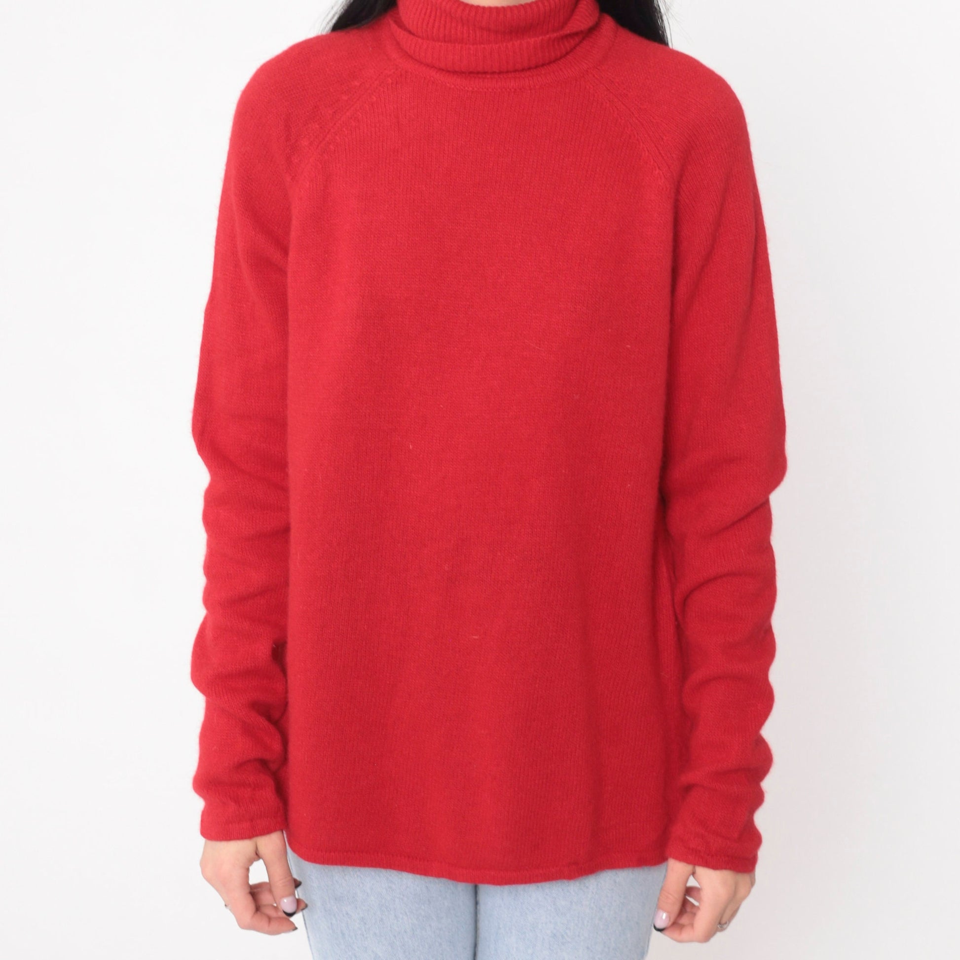 90s Red Wool Angora Turtleneck Raglan Sweater Knit Pullover Large L