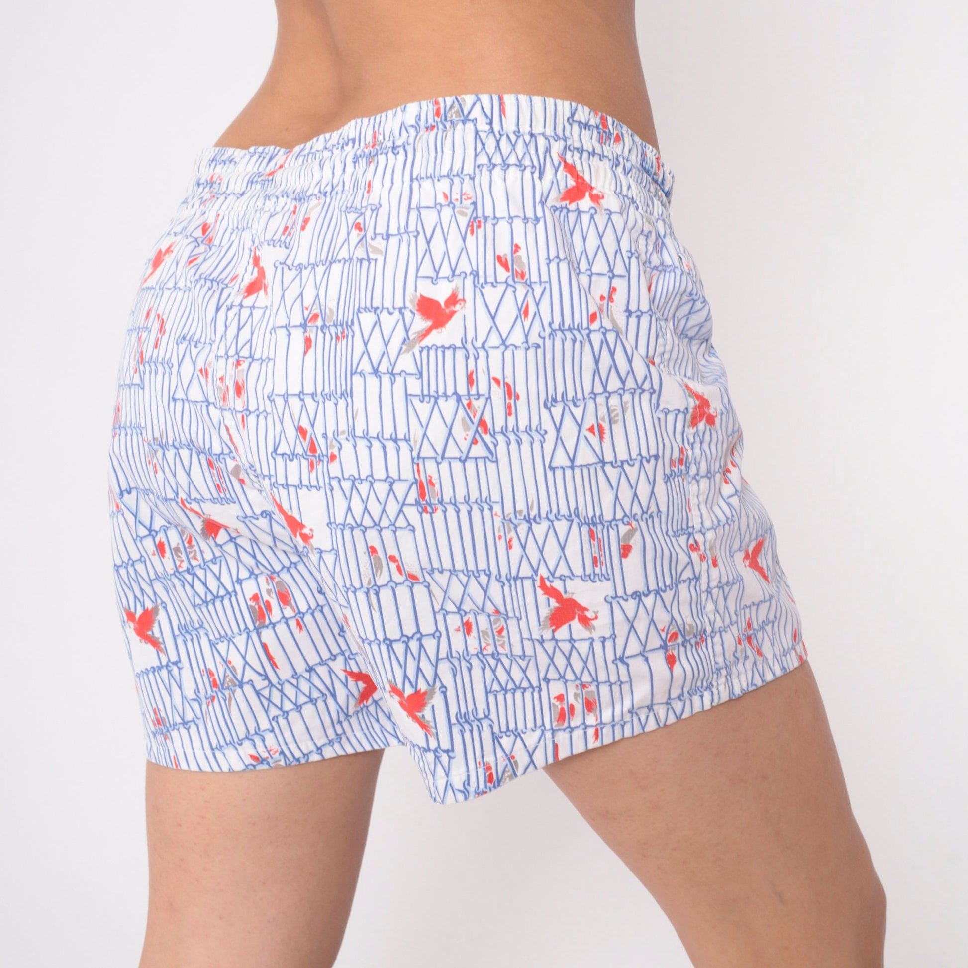 80s Bird Cage Parrot Swim Shorts White Blue Novelty Print Men's Medium