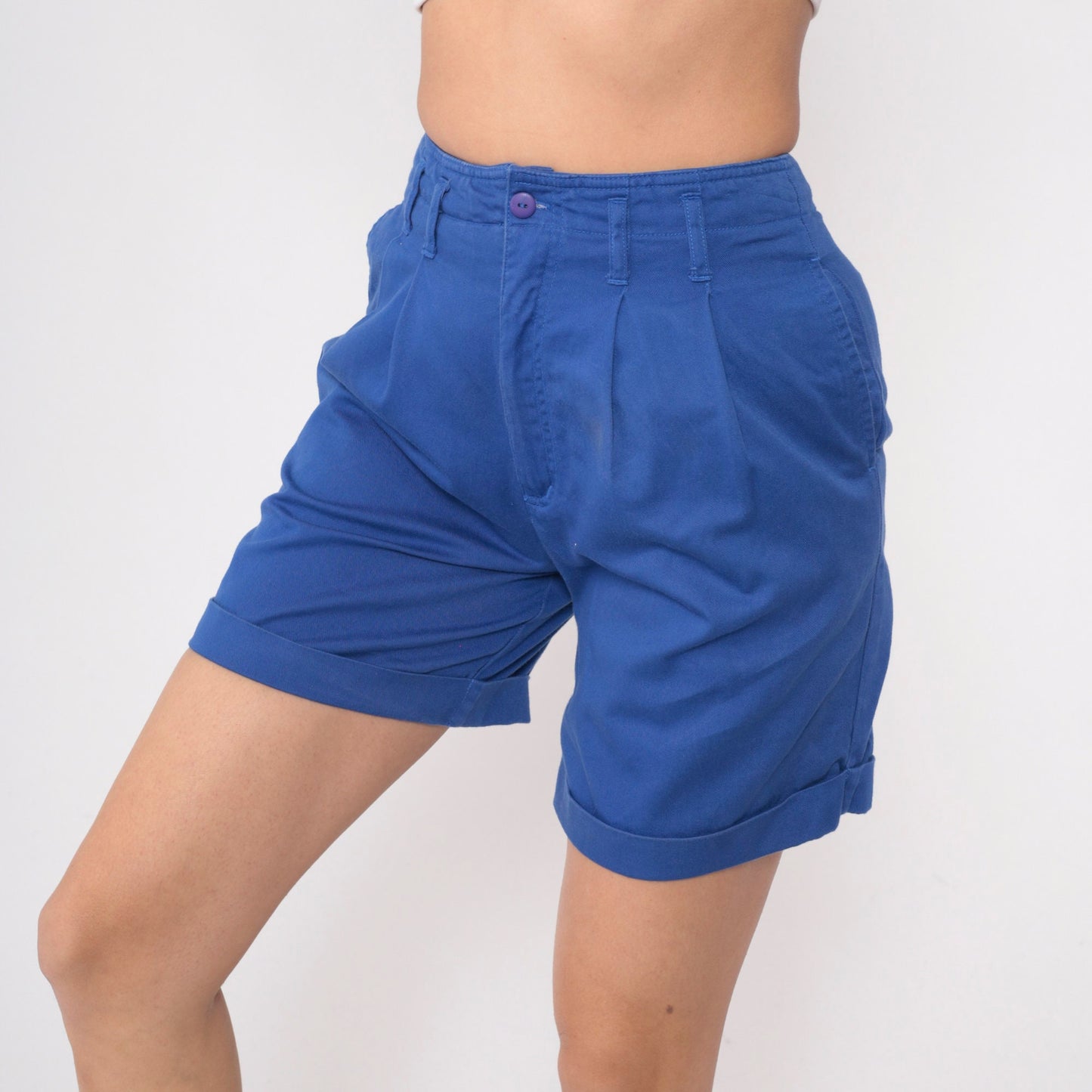 90s High Waisted Pleated Shorts Royal Blue Cotton Small
