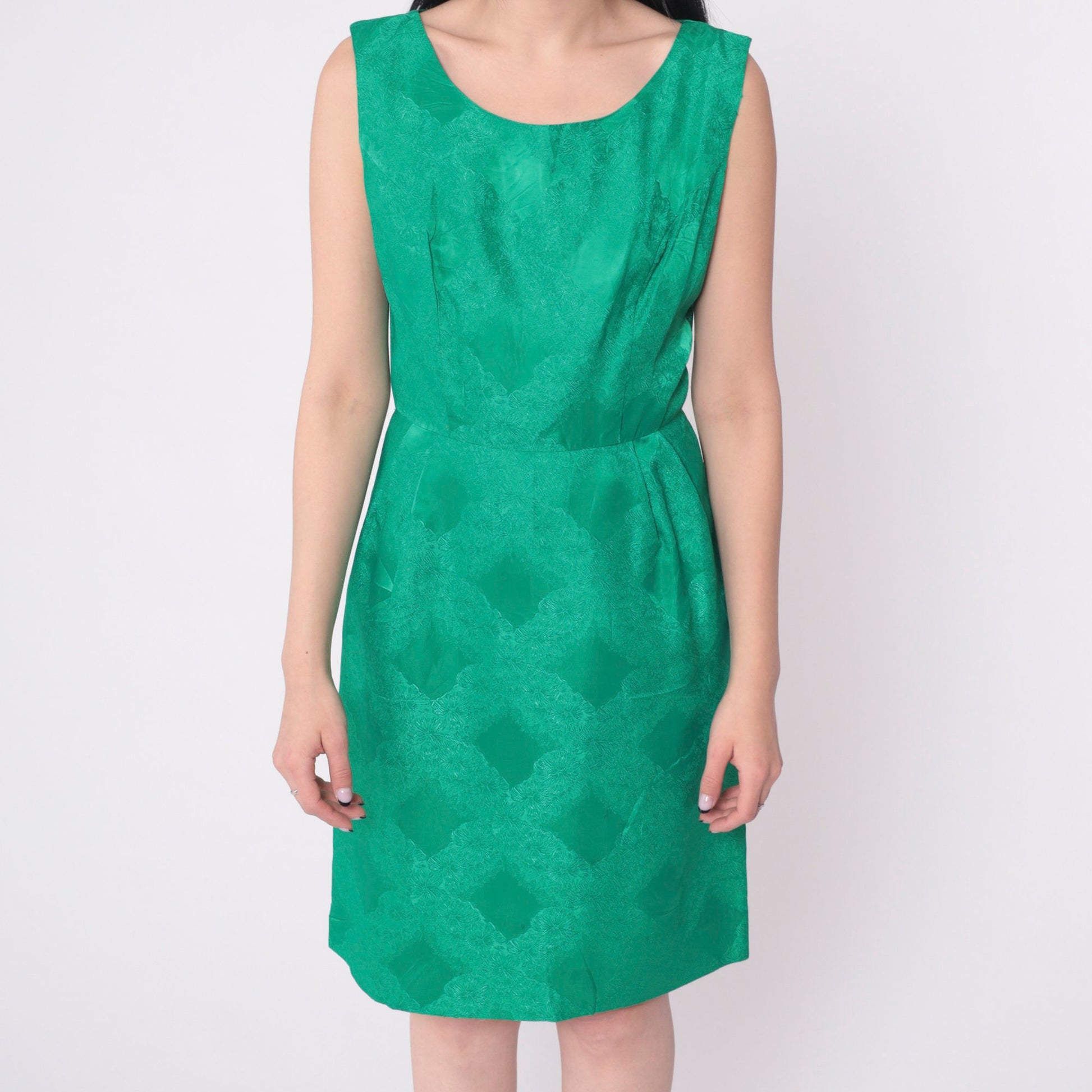 1960s Green Damask Floral Cocktail Dress Sleeveless Mini Small