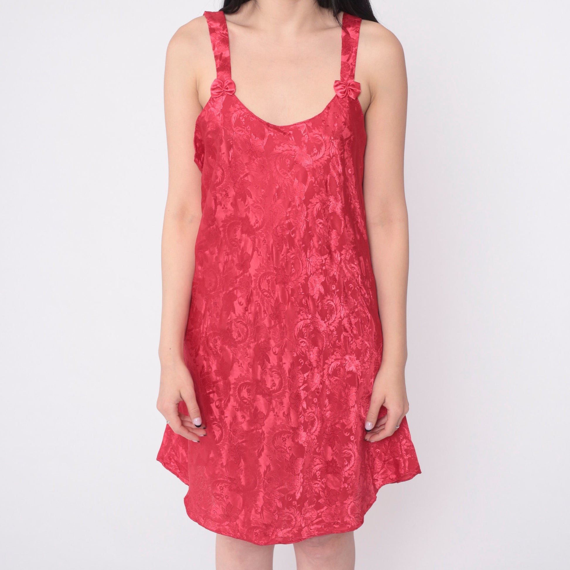 90s Red Floral Embossed Slip Dress Mini Nightgown Bows Medium