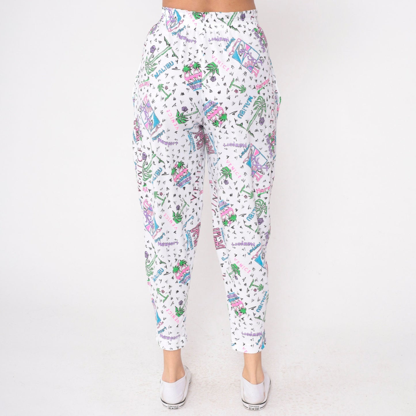 90s Gravity Los Angeles Beach Parachute Pants White Palm Tree Flamingo Small