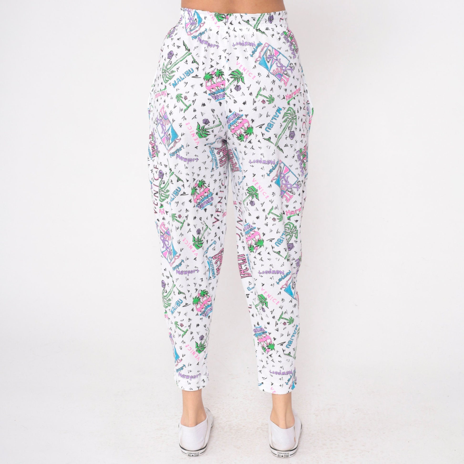 90s Gravity Los Angeles Beach Parachute Pants White Palm Tree Flamingo Small