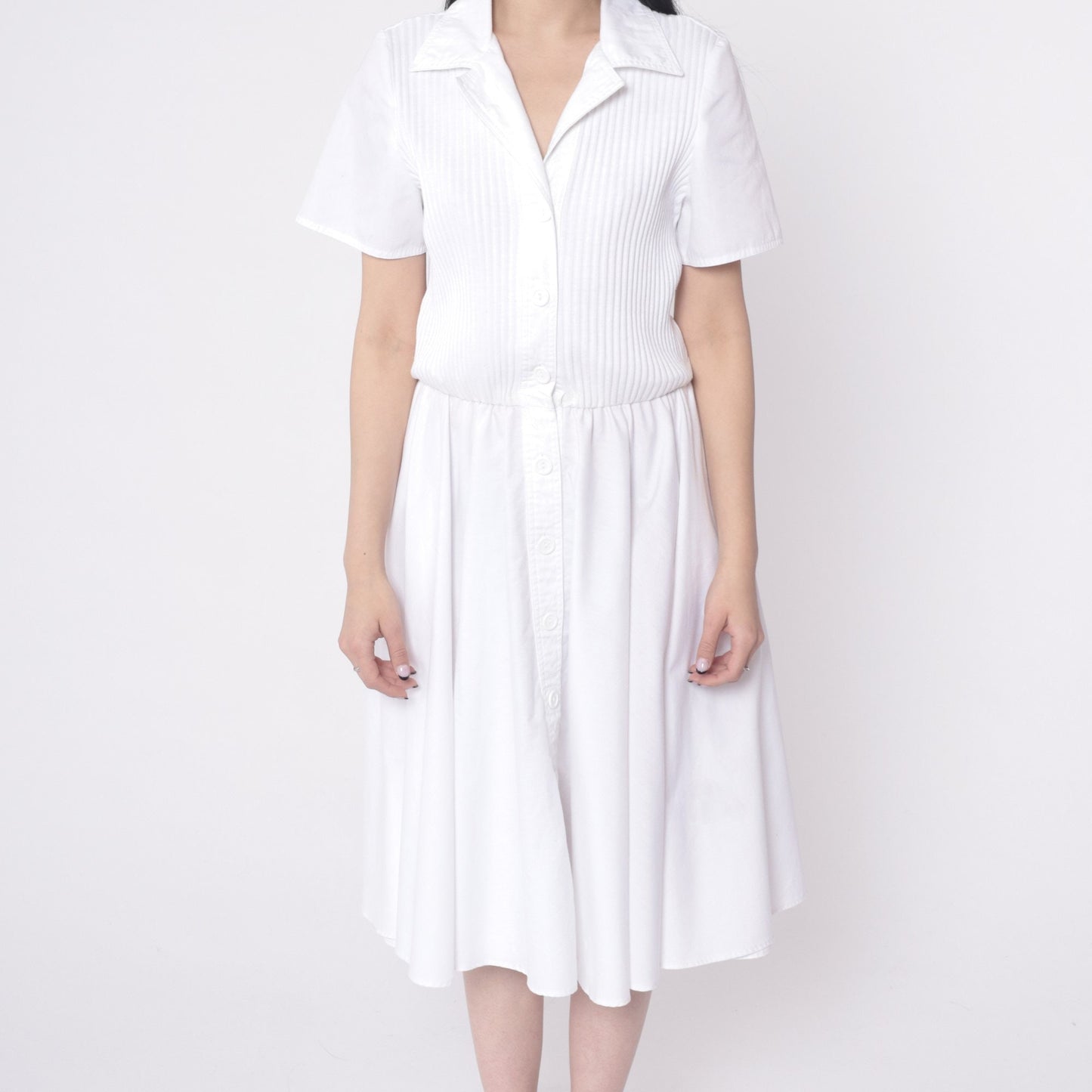 80s White Ribbed Knit Button-Up Shirtdress Elastic Waist Midi Small Medium