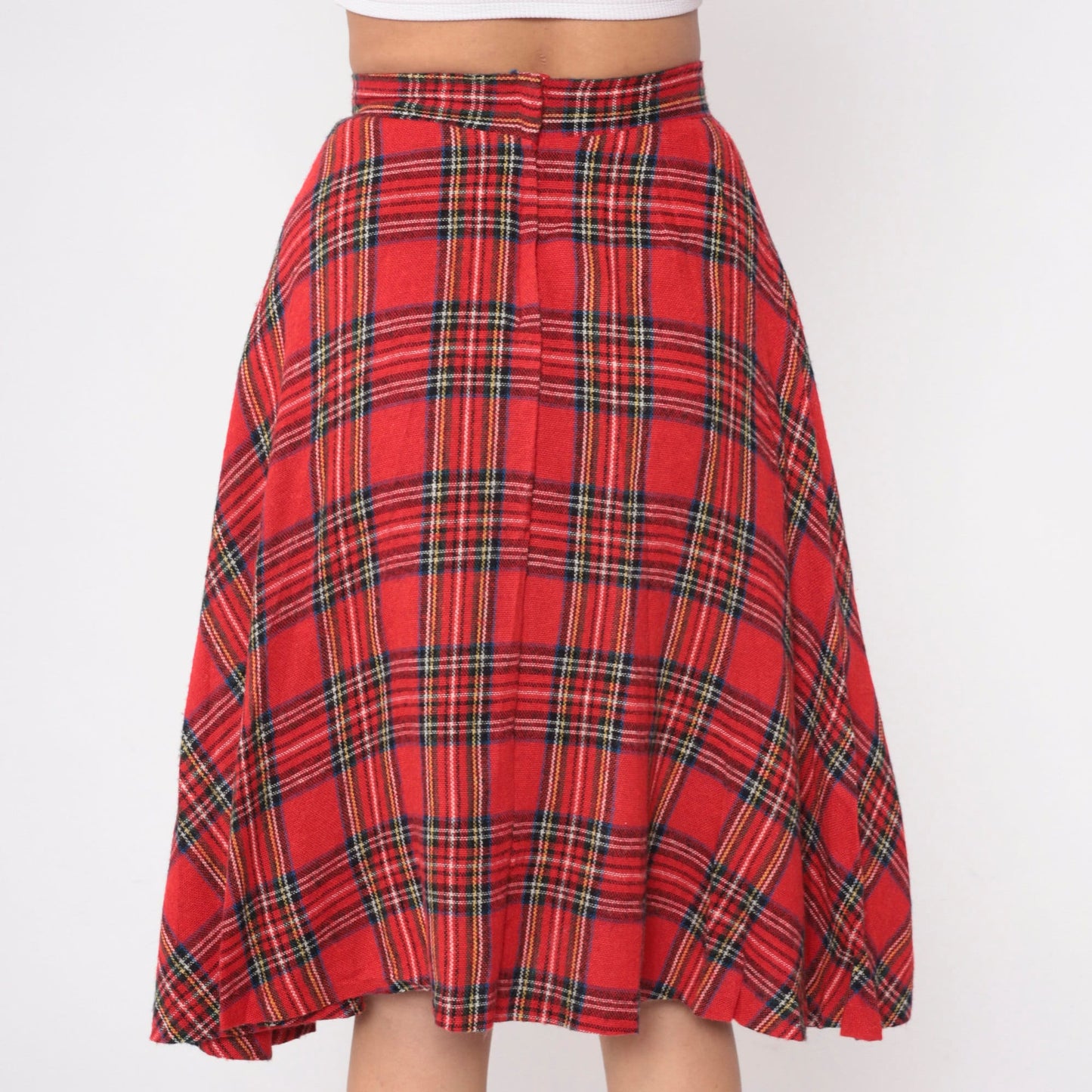 70s Red Plaid Midi Skirt High Waisted A-Line Tartan Small S