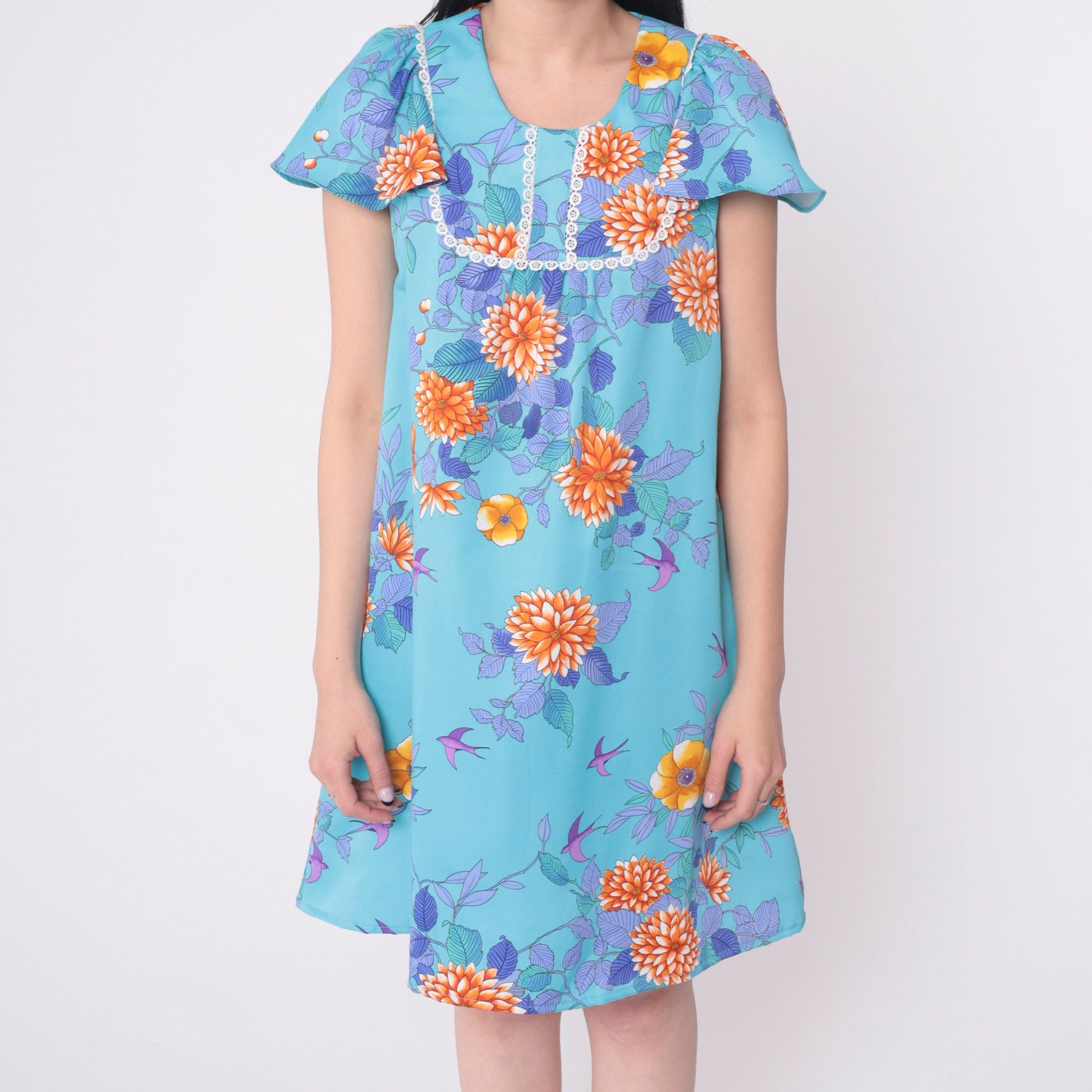 70s Blue Floral Mini Dress Tropical Print Flutter Sleeve Shift Small