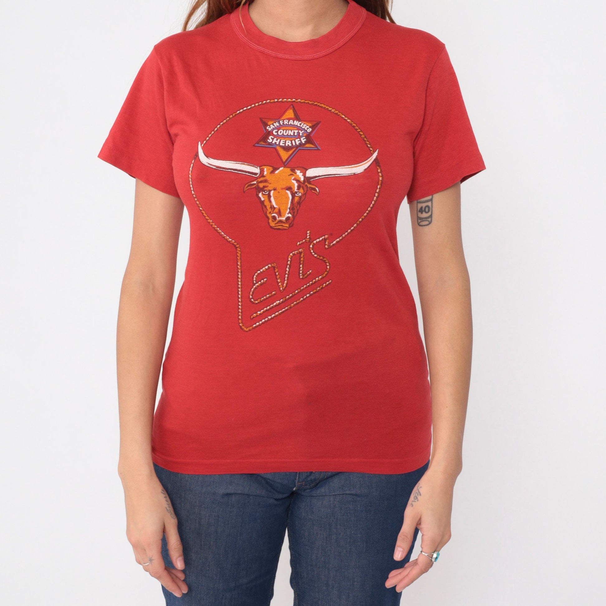 70s Levi's San Francisco County Sheriff Longhorn Graphic T-Shirt Red Extra Small