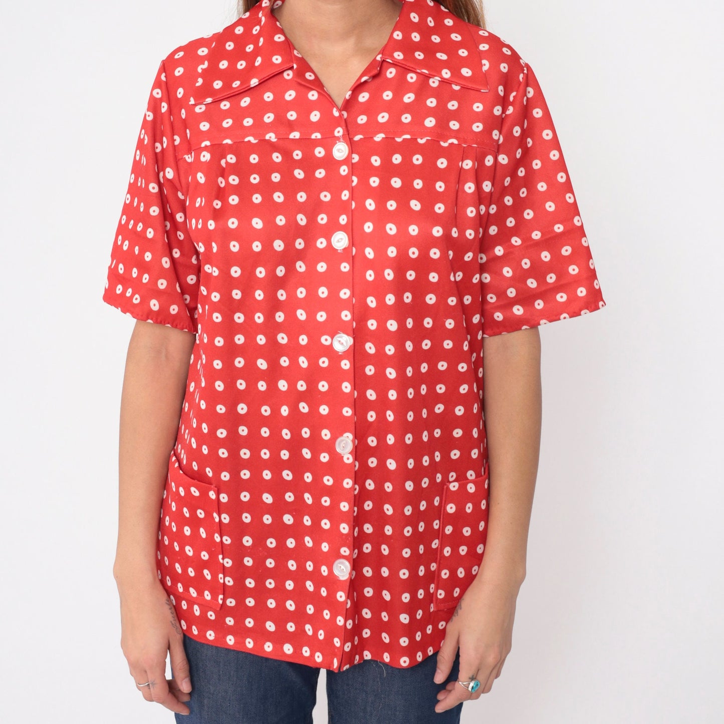 70s Red Polka Dot Button-Up Blouse Dagger Collar Yoke Pockets Large