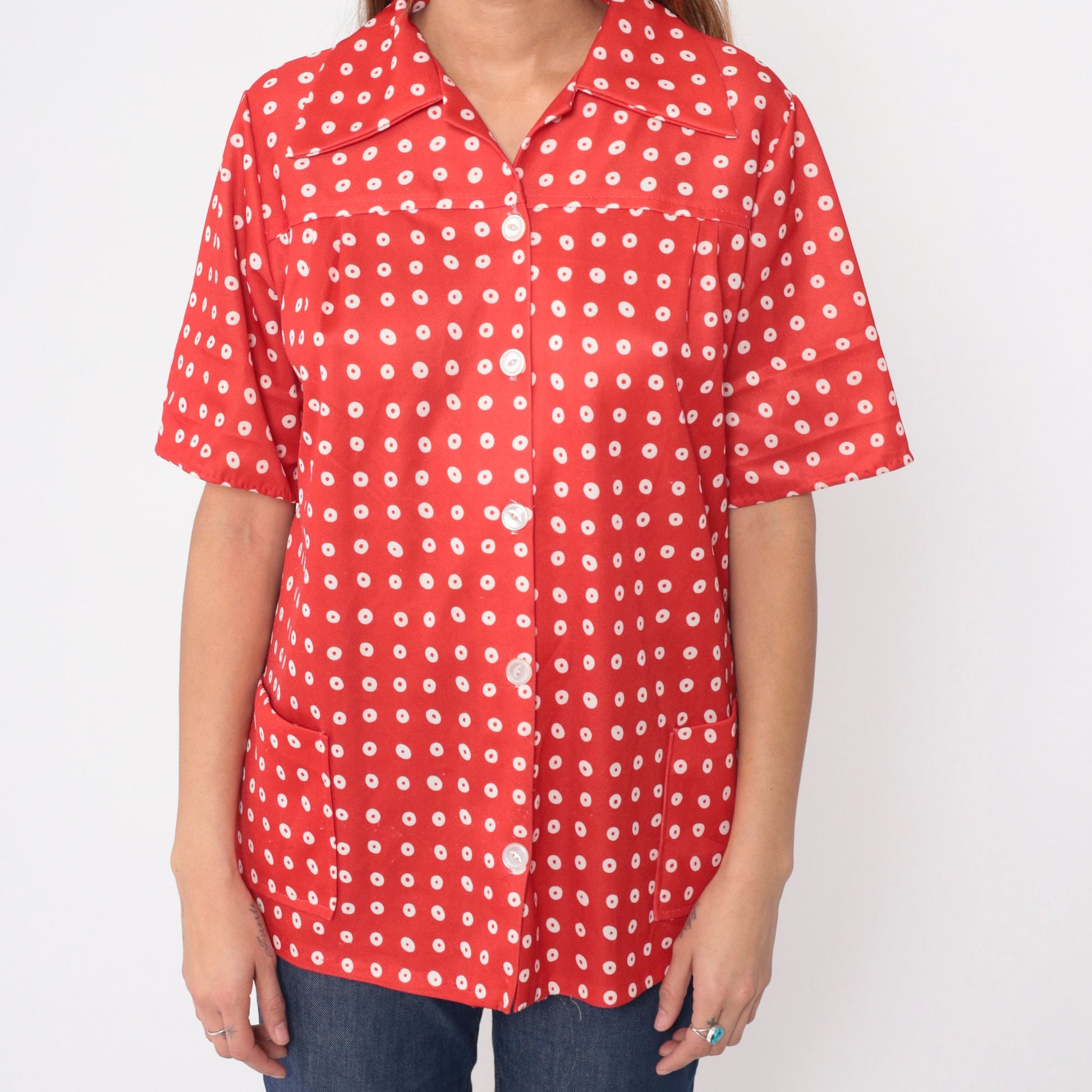70s Red Polka Dot Button-Up Blouse Dagger Collar Yoke Pockets Large