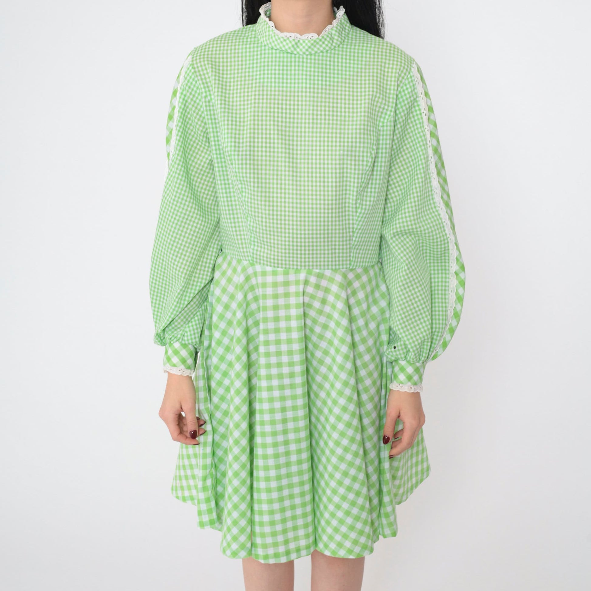70s Green Gingham Mini Dress Mock Neck Balloon Sleeve Eyelet Lace Small