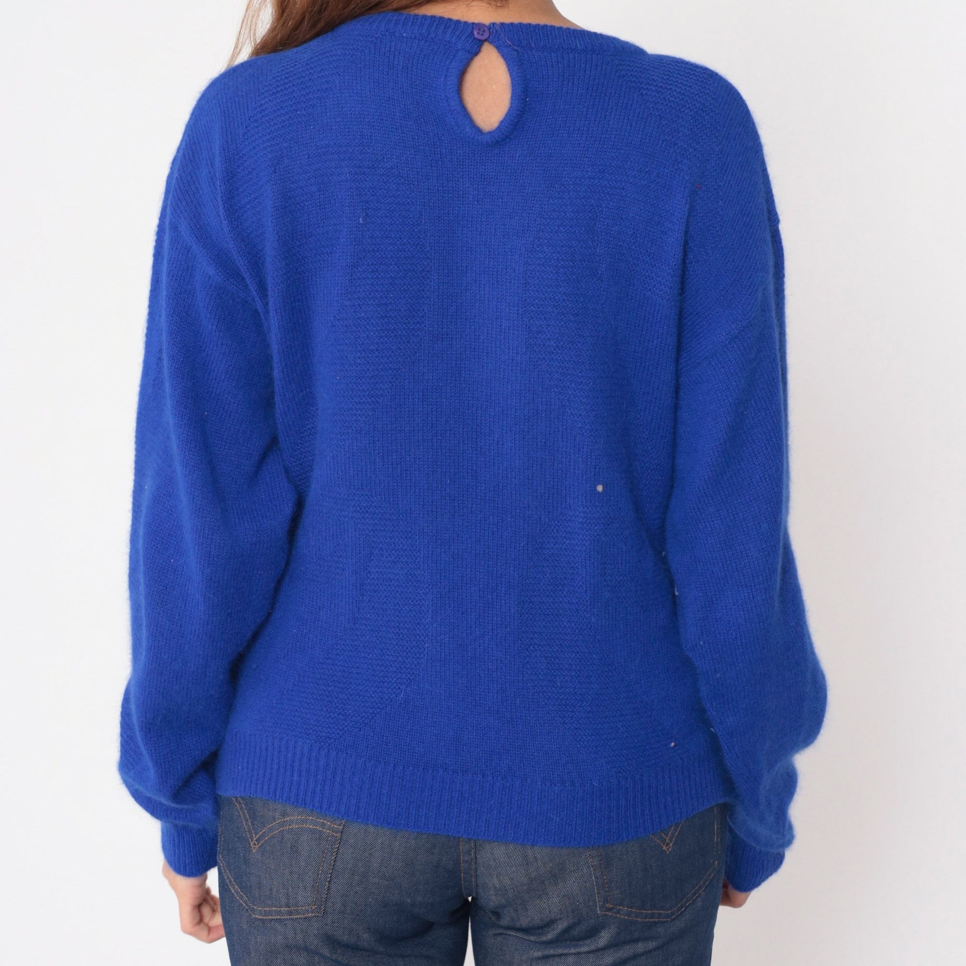 Pierre Cardin 90s Royal Blue Angora Wool Sweater Textured Crewneck Medium M