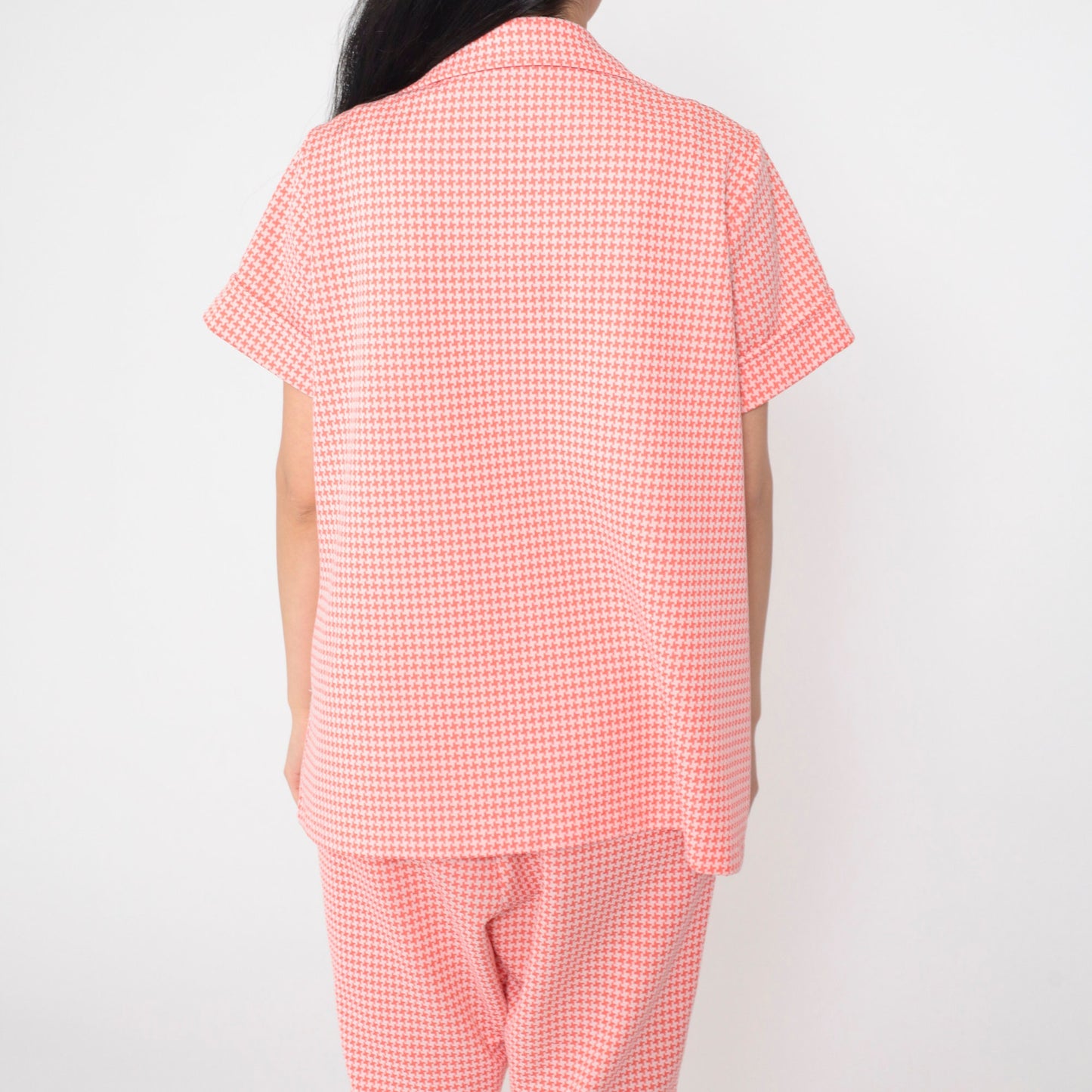 70s Pink Checkered Two Piece Set Button-Up Blouse Elastic Pants Large L