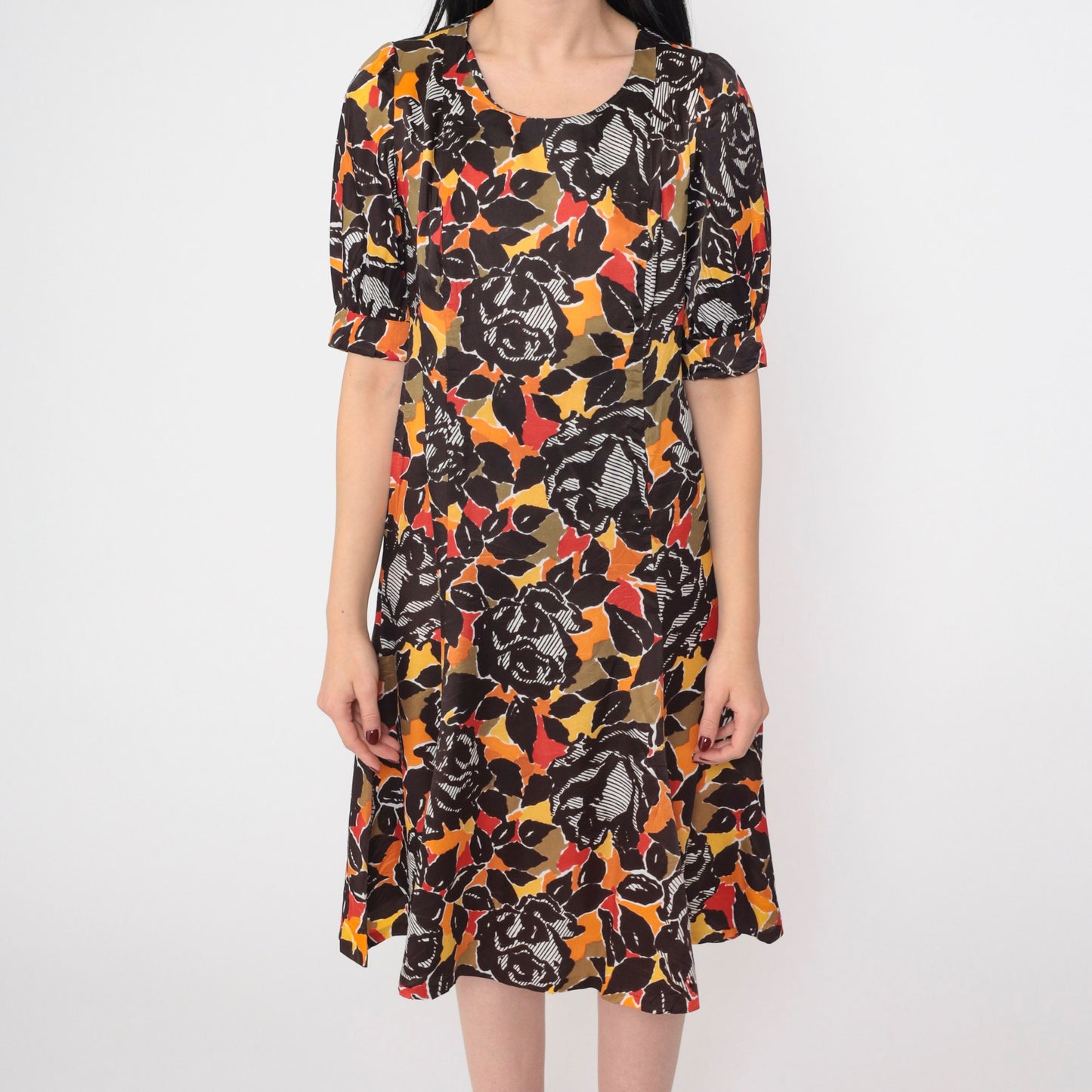 70s Rose Floral Print Mini Dress Puff Sleeve Shift Small