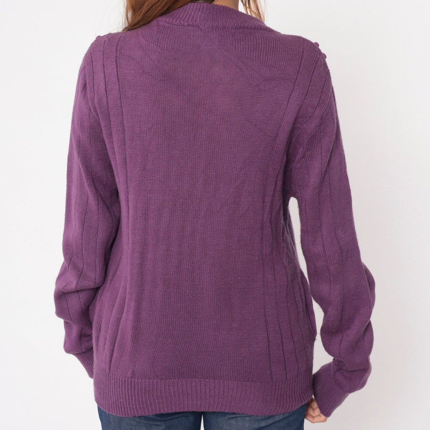 90s Purple Pointelle Cardigan Popcorn Knit Leaf Design Zip Up Sweater Medium