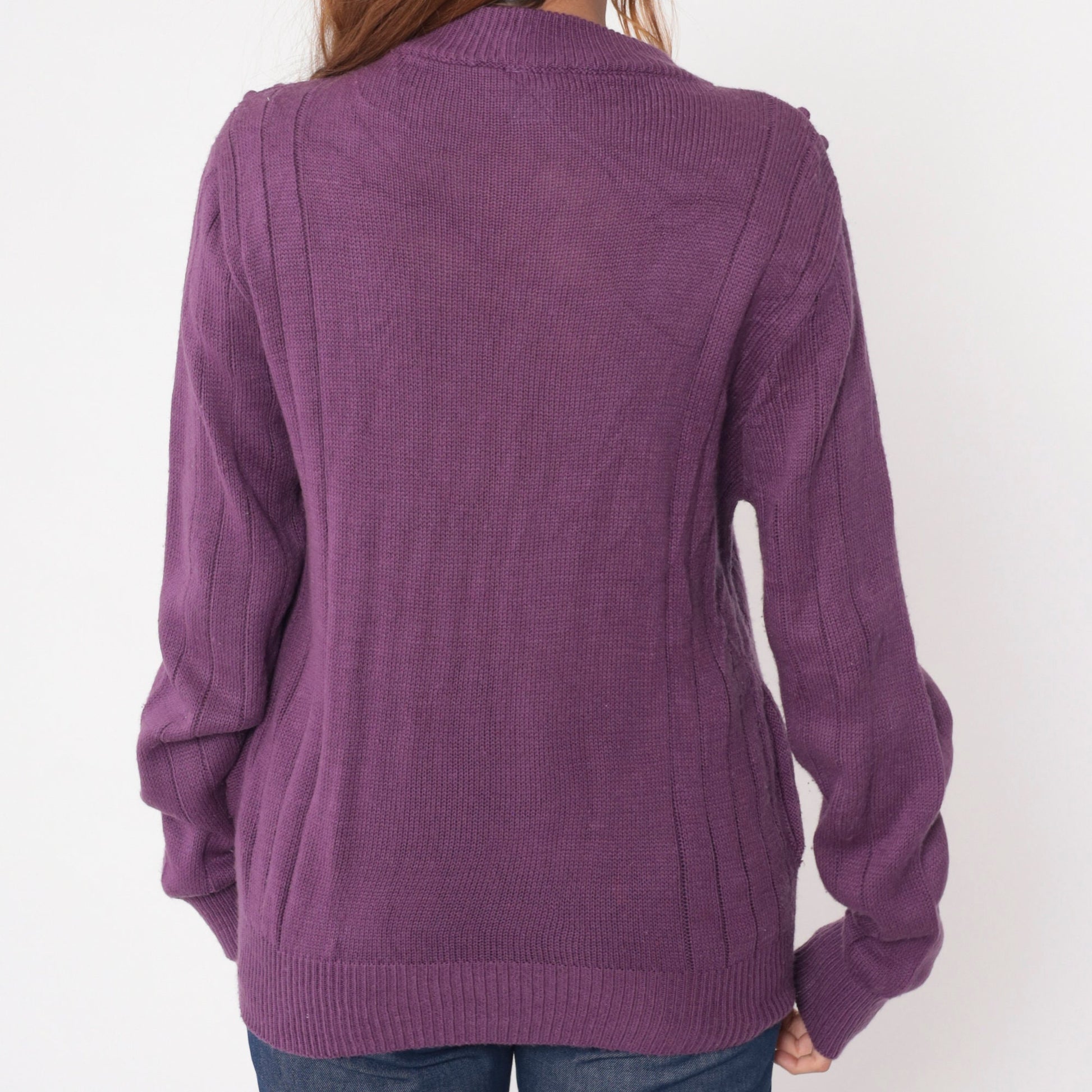 90s Purple Pointelle Cardigan Popcorn Knit Leaf Design Zip Up Sweater Medium