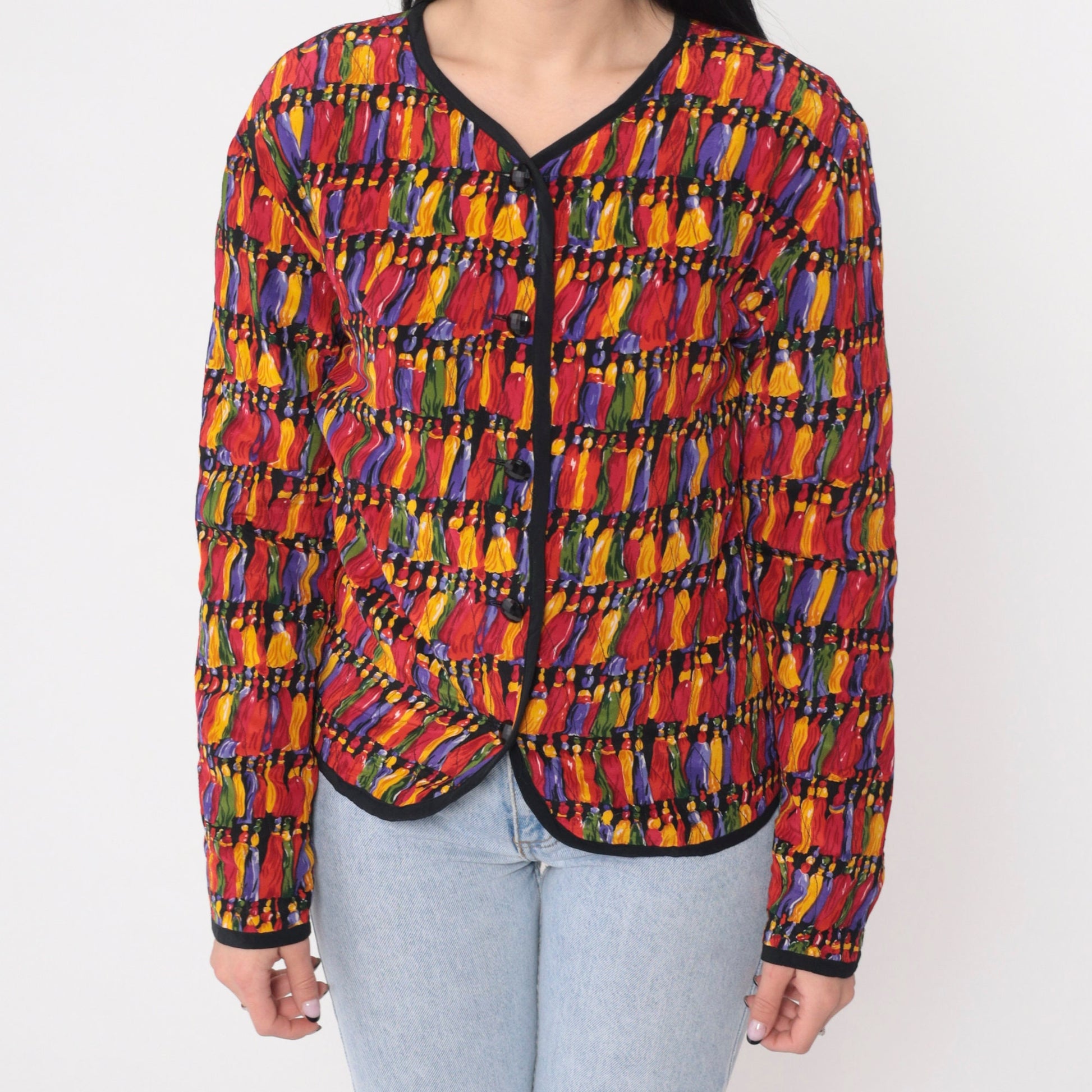 90s Quilted Jacket Colorful Tassel Print Button-Up Blazer Small