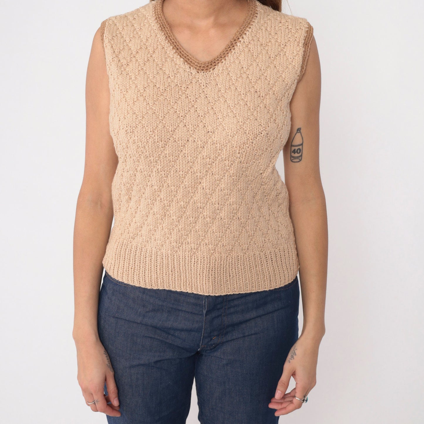 70s Tan Diamond Knit Sweater Vest V Neck Brown Trim Small