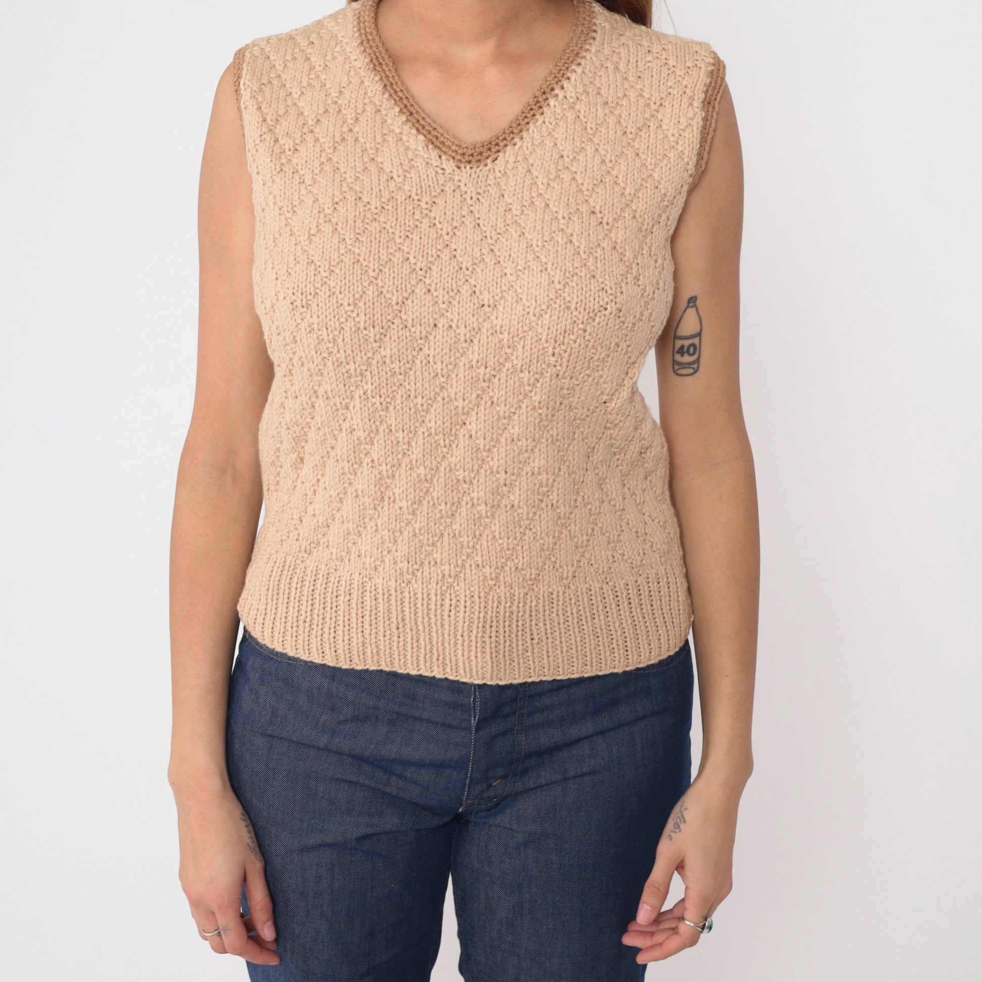 70s Tan Diamond Knit Sweater Vest V Neck Brown Trim Small