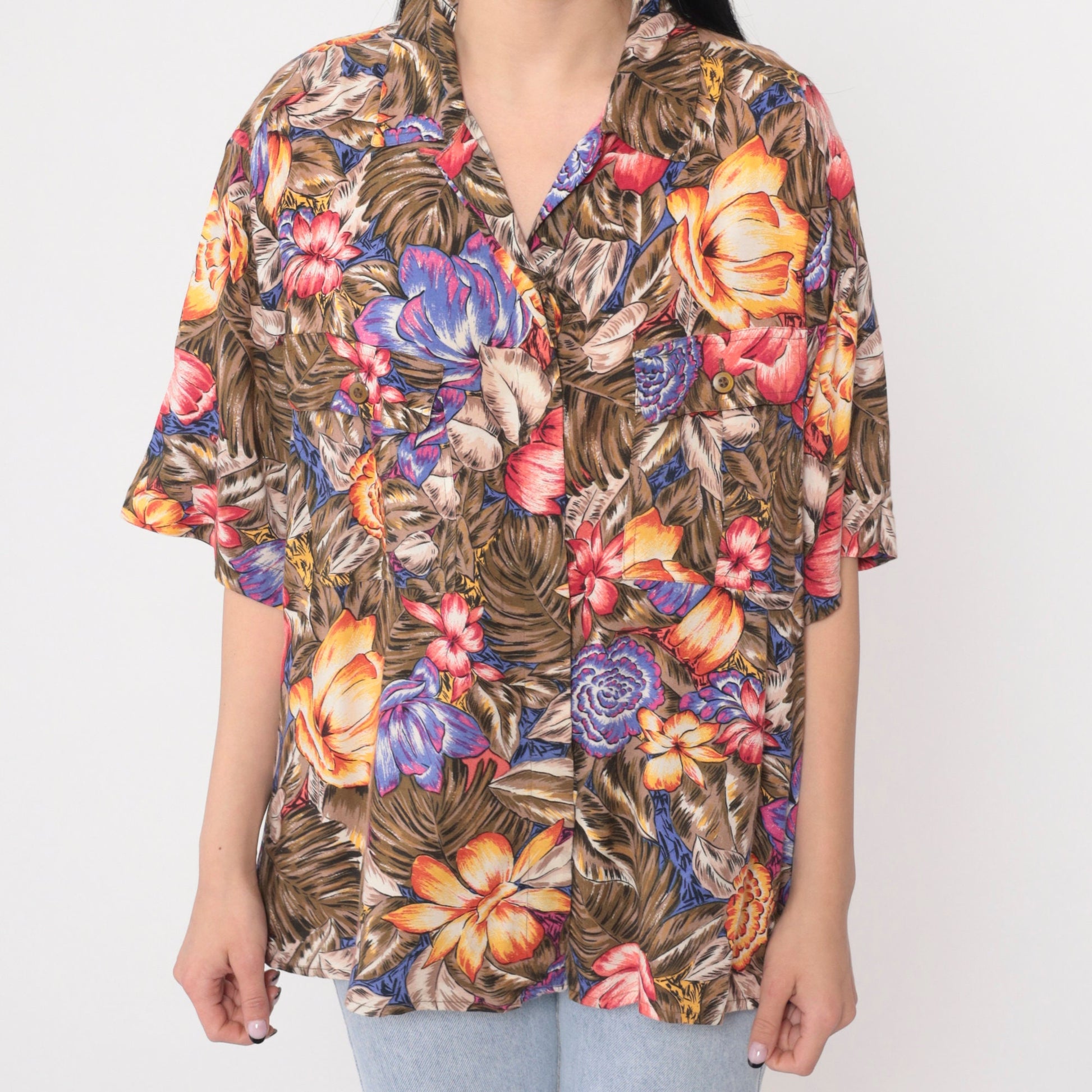 90s Tropical Floral Button-Up Shirt Leaf Print Hawaiian Blouse Plus Size 16W