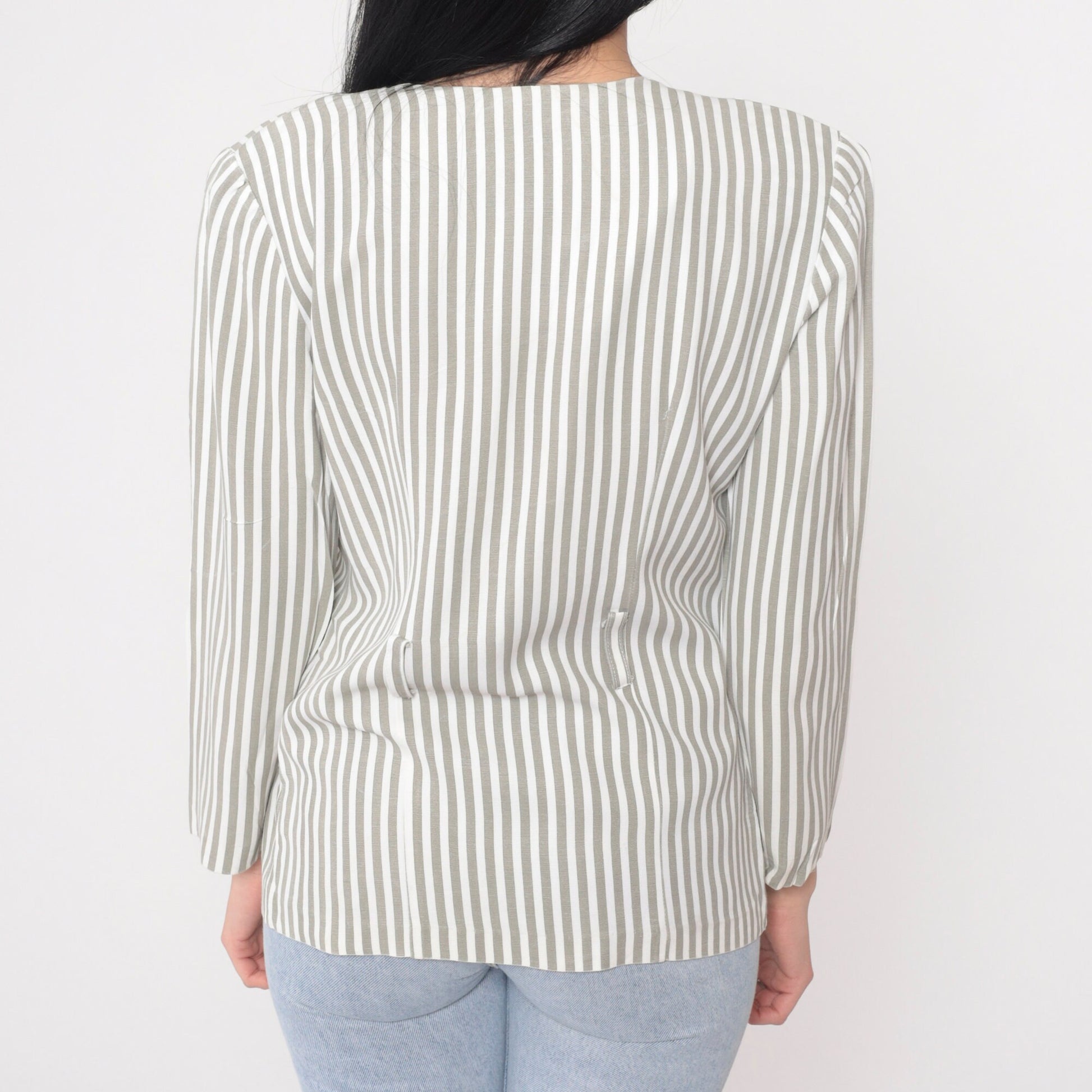 90s Striped Puff Sleeve Blouse Button-Up V-Neck Shirt Small S