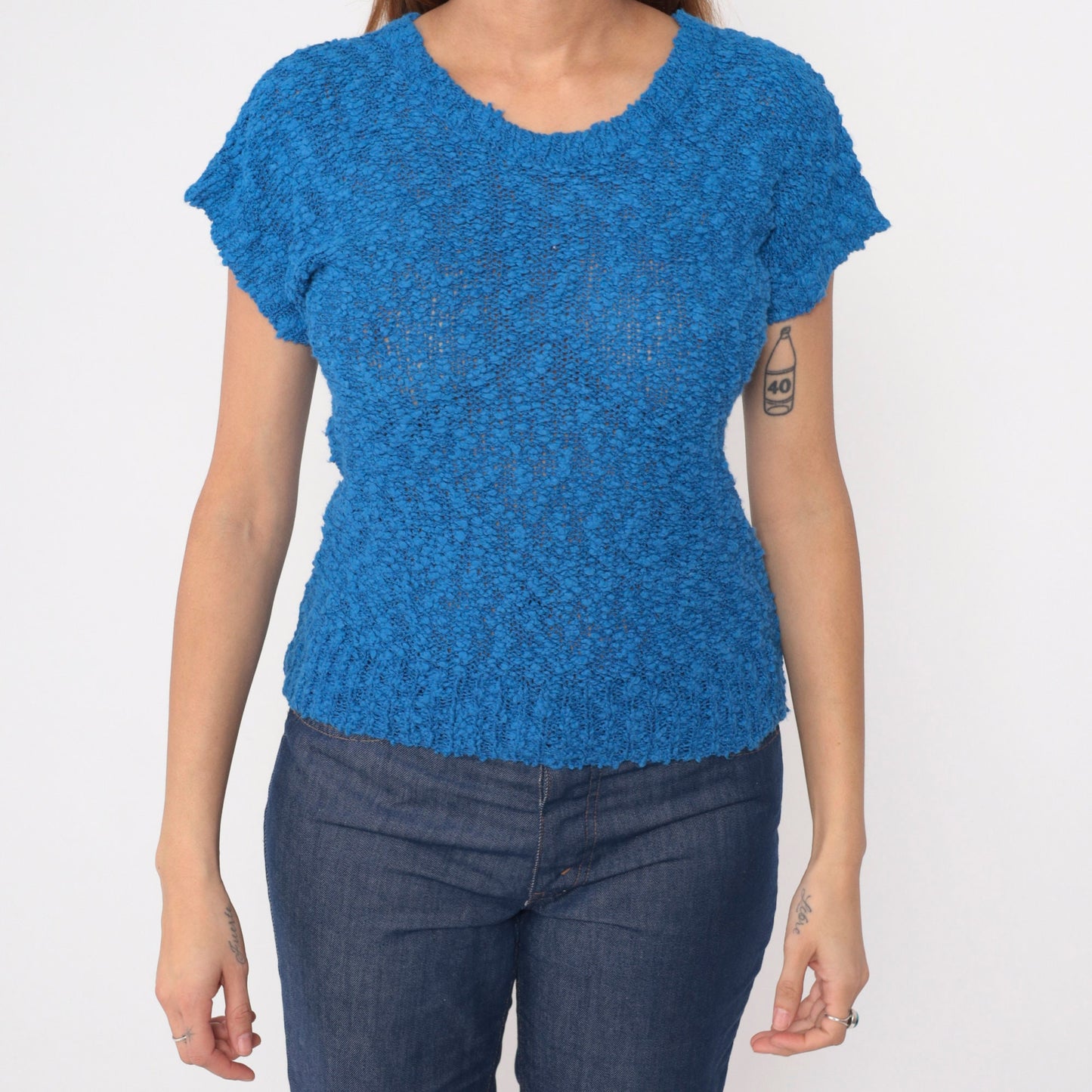 80s Blue Nubby Knit Sweater Top Short Sleeve V Neck Extra Small
