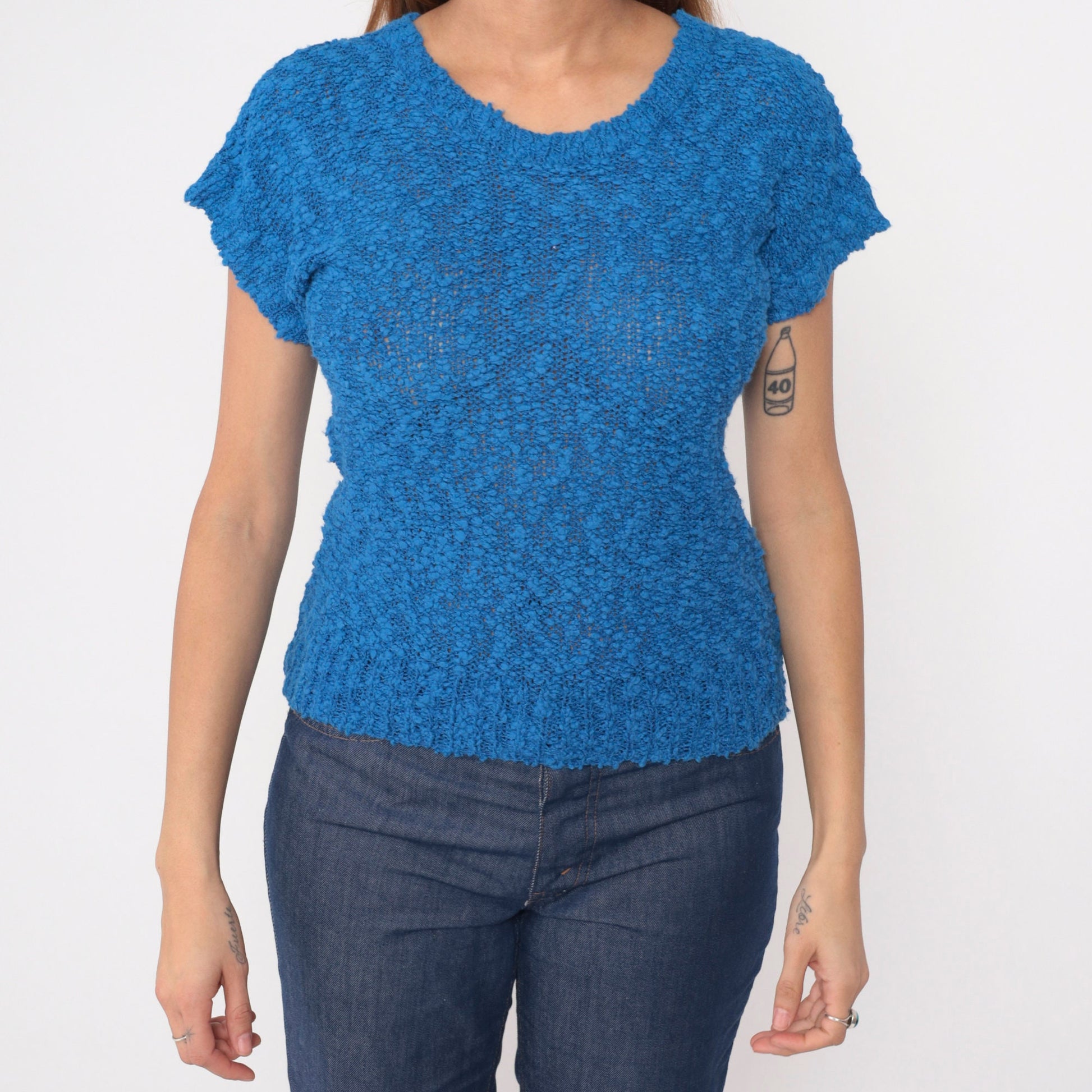 80s Blue Nubby Knit Sweater Top Short Sleeve V Neck Extra Small