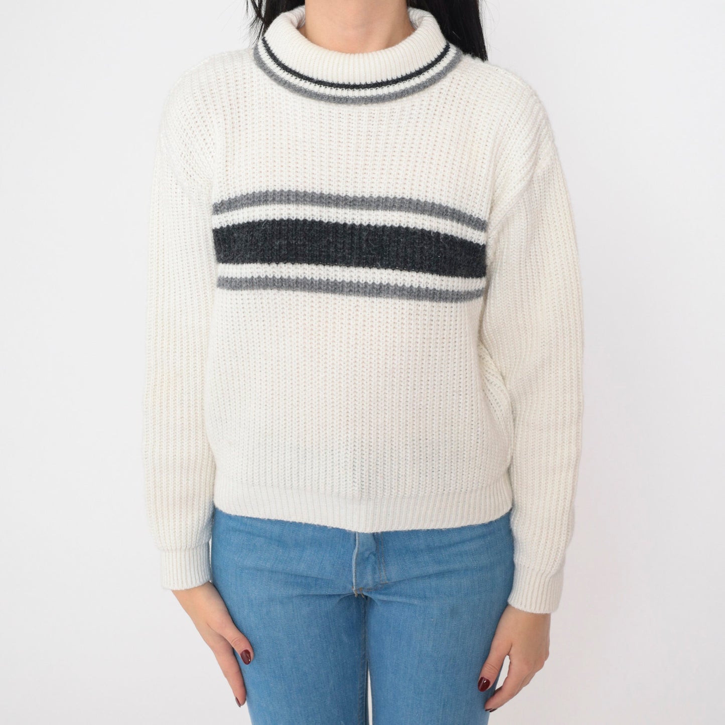 80s White Stag Striped Turtleneck Sweater Black Grey Knit Small