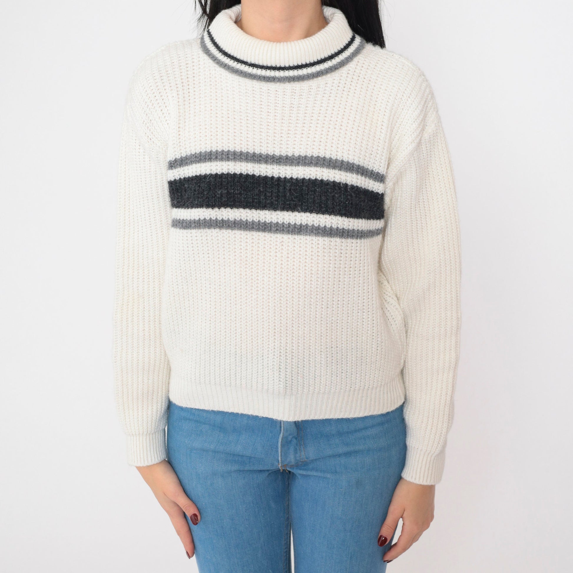80s White Stag Striped Turtleneck Sweater Black Grey Knit Small
