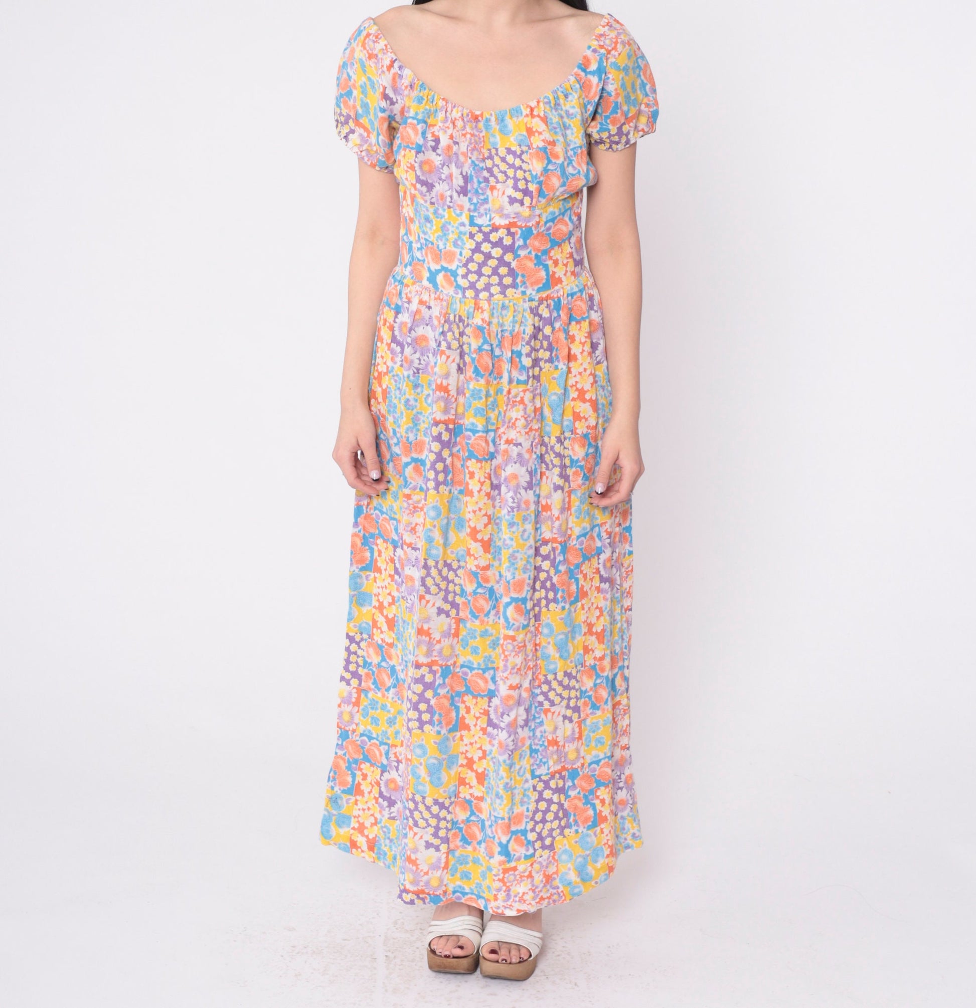 70s Patchwork Floral Off-Shoulder Maxi Dress Midriff Band Small
