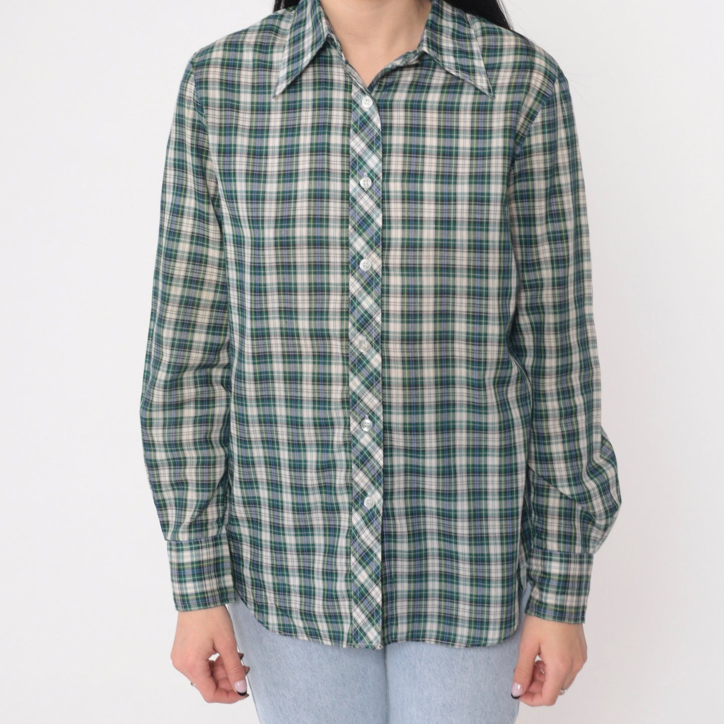 80s Plaid Button-Up Shirt Blue Green White Checkered Long Sleeve Small