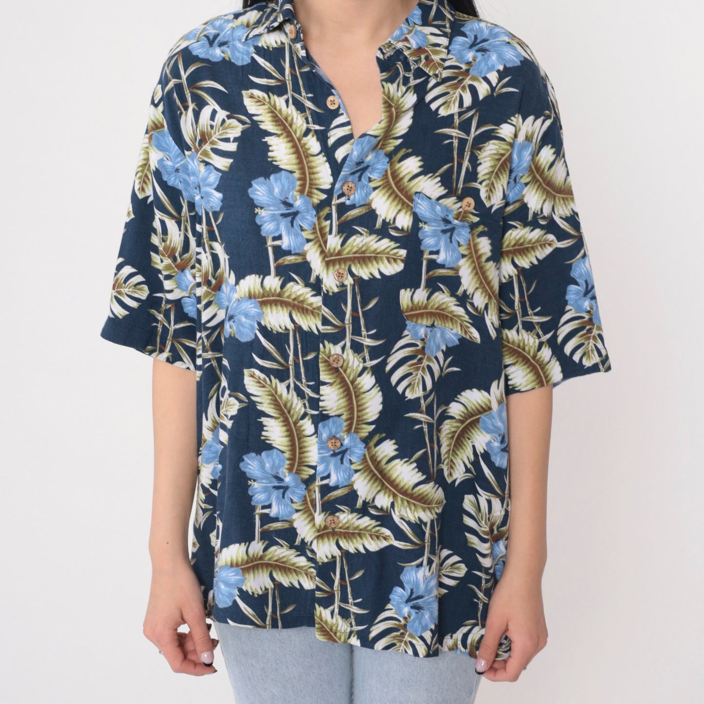 Y2K Blue Hawaiian Shirt Tropical Floral Hibiscus Button Up Medium M