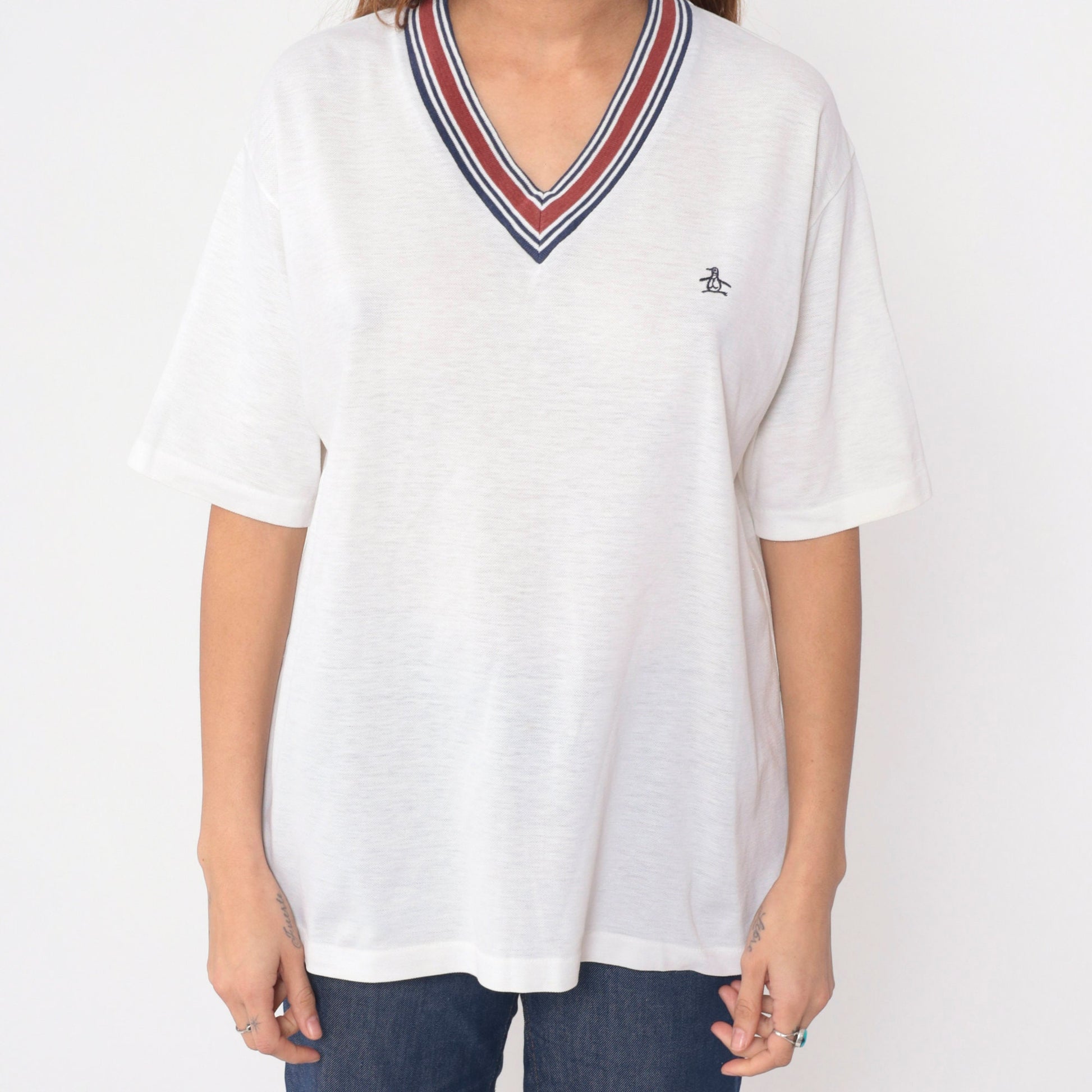 80s Grand Slam Munsingwear Penguin Logo Ringer Tee White V-Neck Extra Large XL