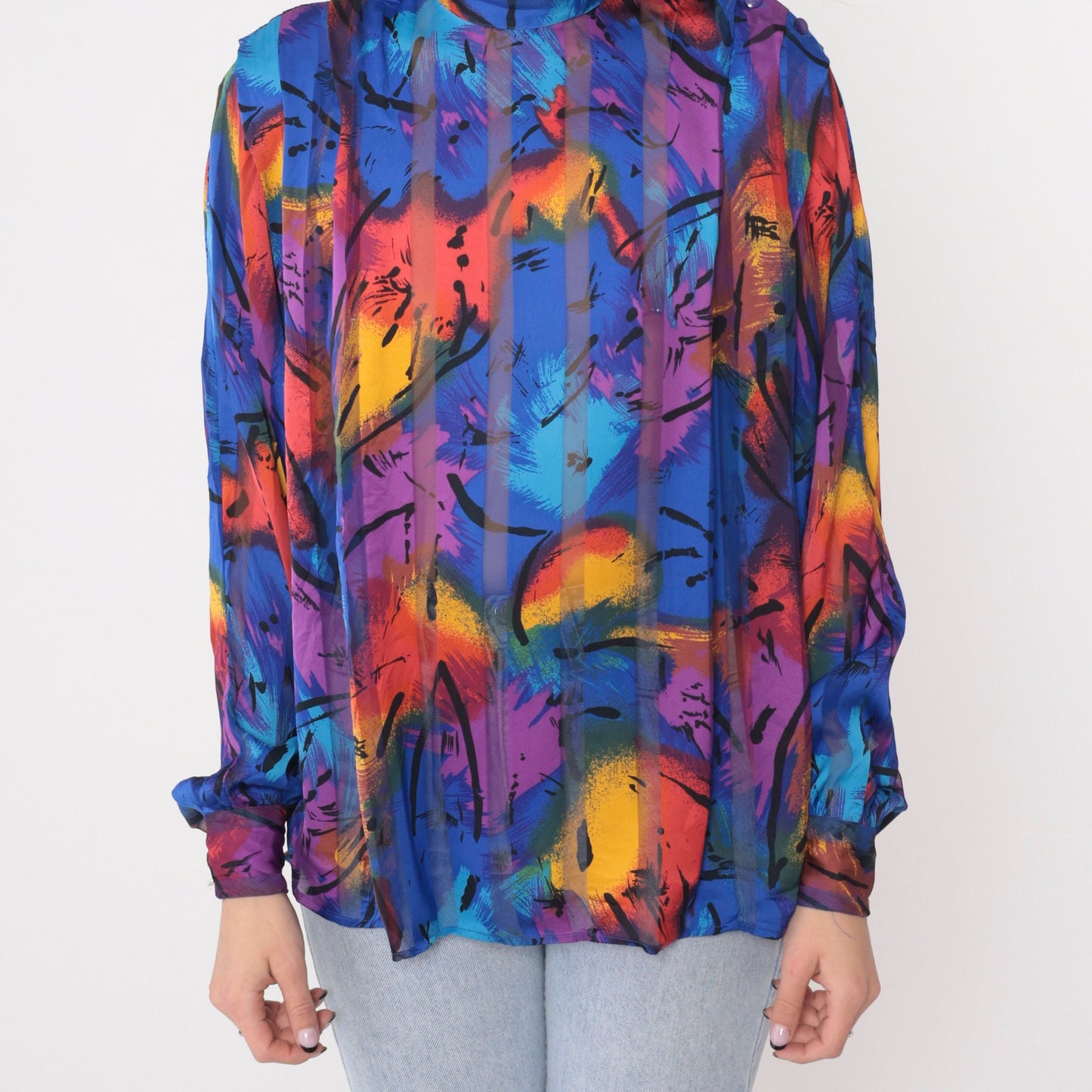 80s Abstract Print Mock Neck Blouse Button Shoulder Long Sleeve Small