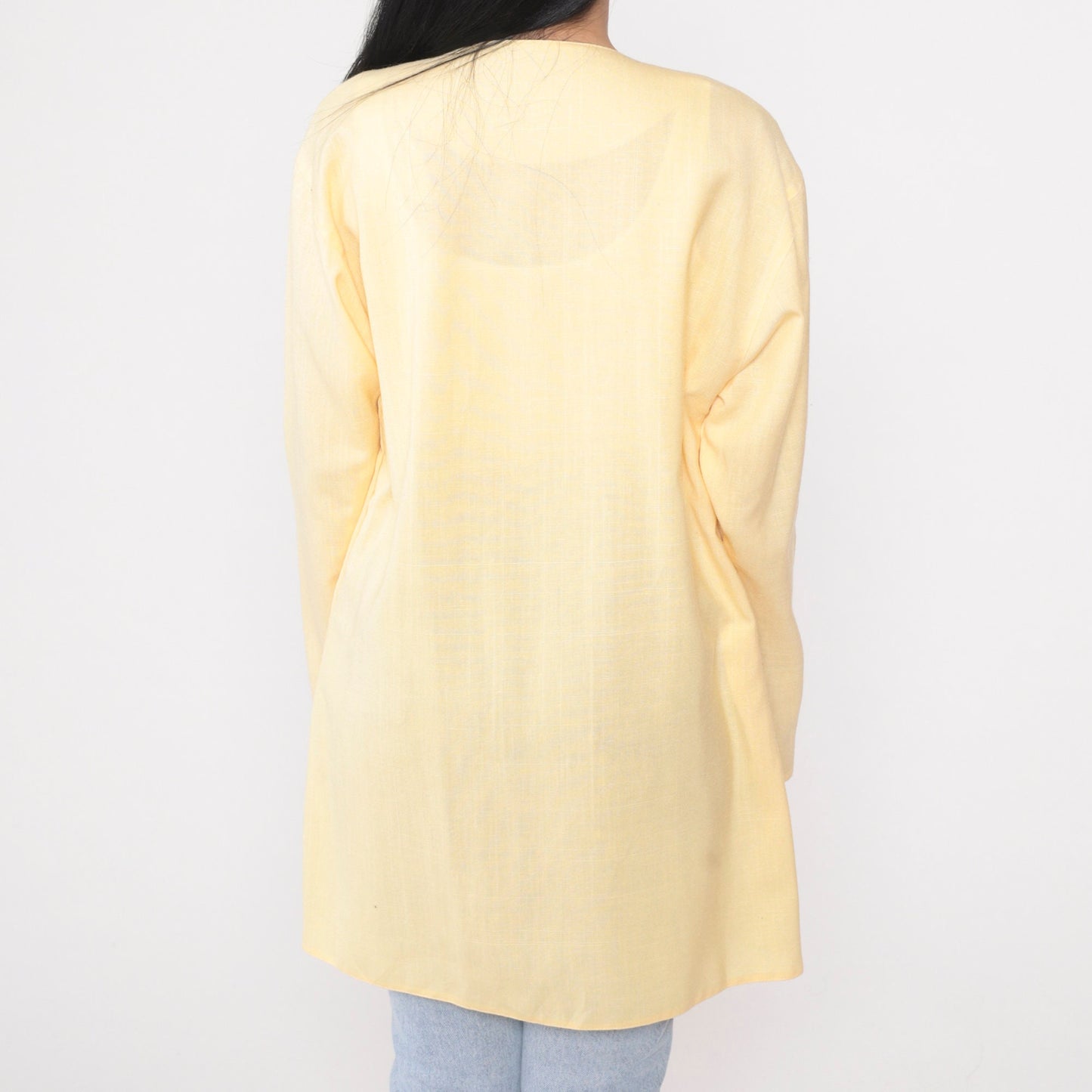 90s Pastel Yellow Longline Cardigan Jacket Open Front Medium Large