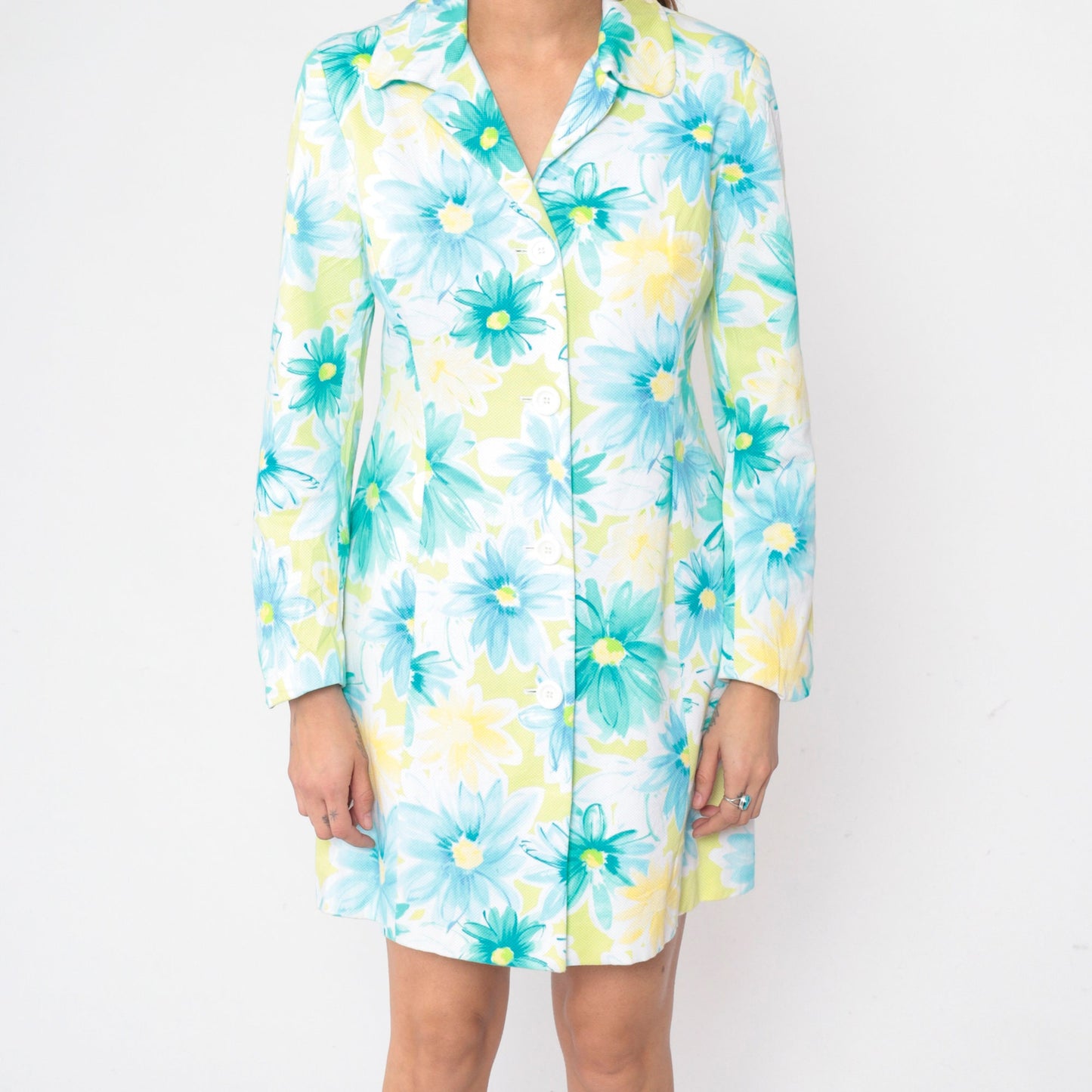 90s Lime Green Floral Mini Shirtdress Long Sleeve Button Up Cotton Medium 8