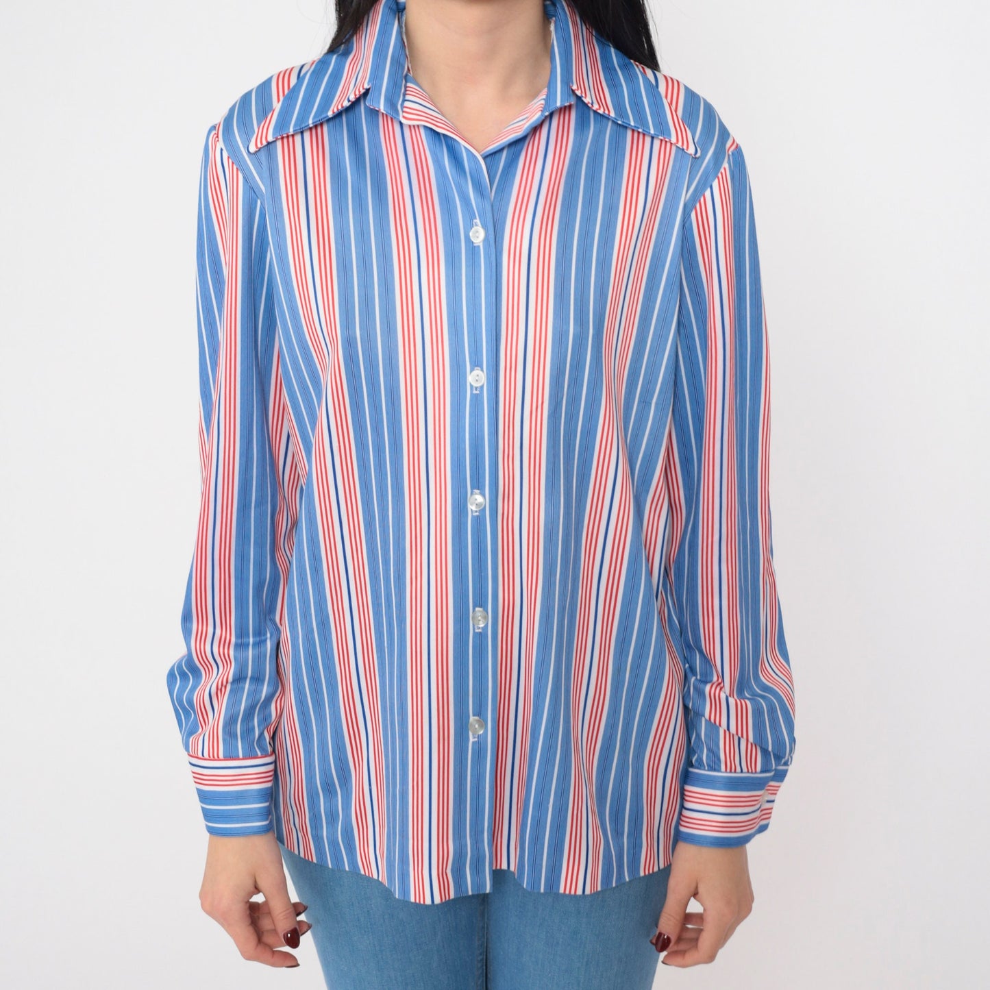 70s Red White Blue Striped Button-Up Blouse Long Sleeve Collared Shirt Medium