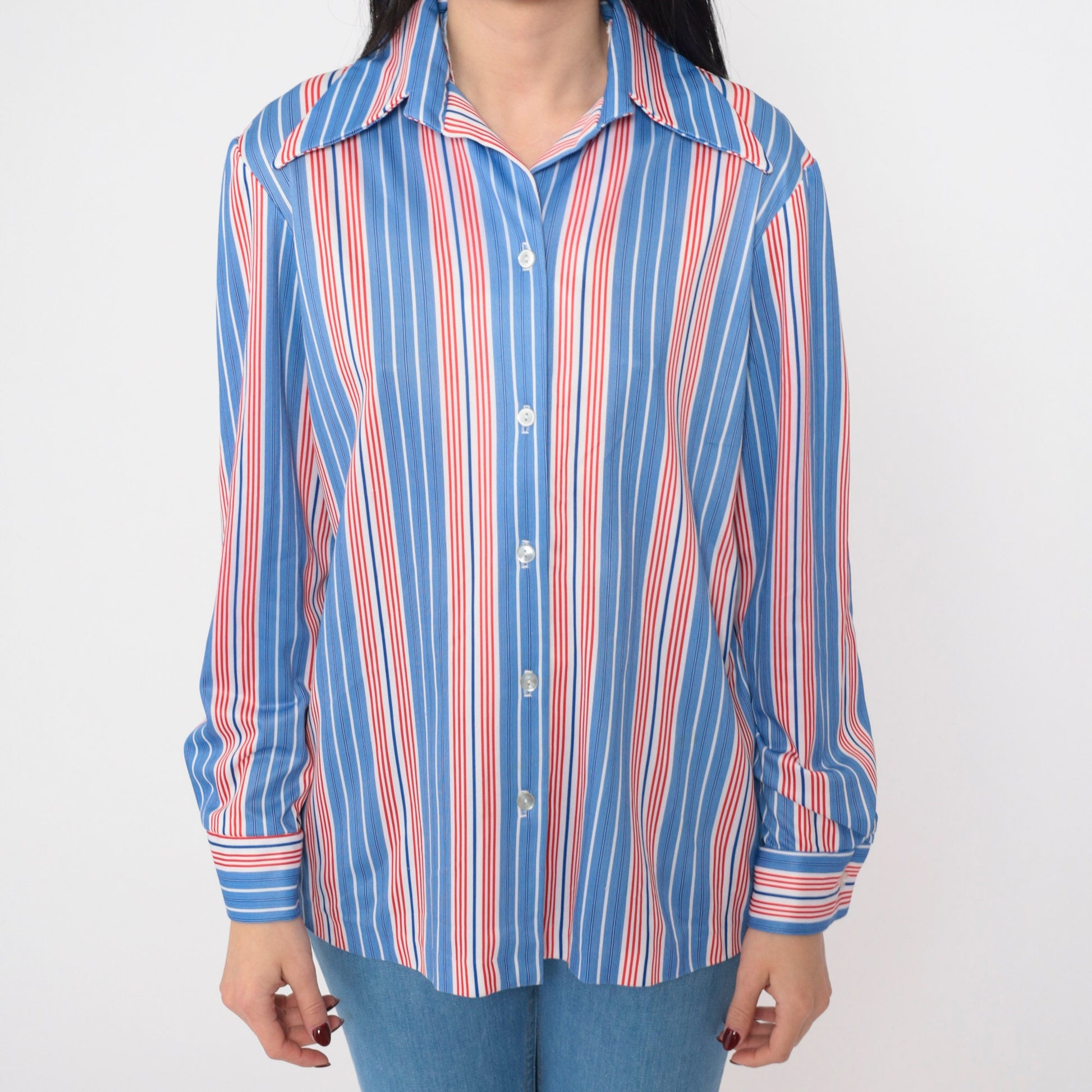 70s Red White Blue Striped Button-Up Blouse Long Sleeve Collared Shirt Medium