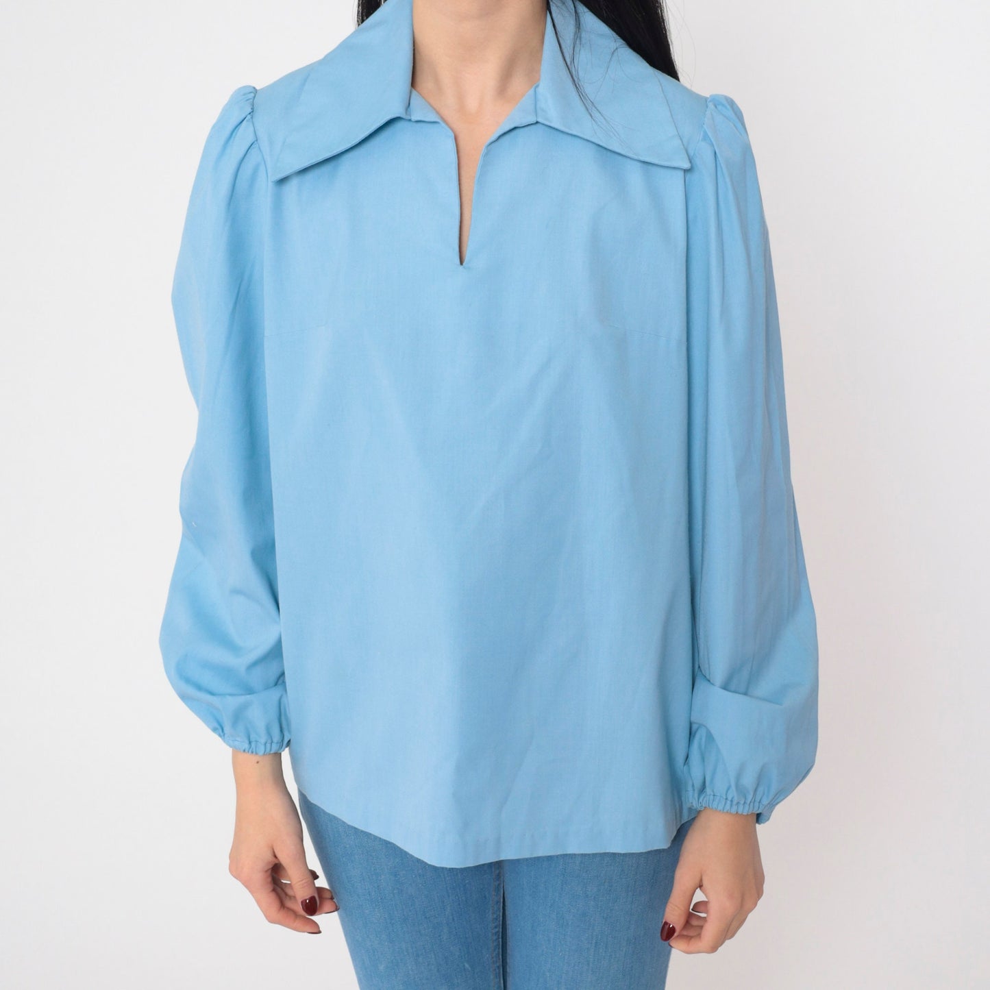 70s Baby Blue Blouse Puff Sleeve Collared V-Neck Long Sleeve Medium M