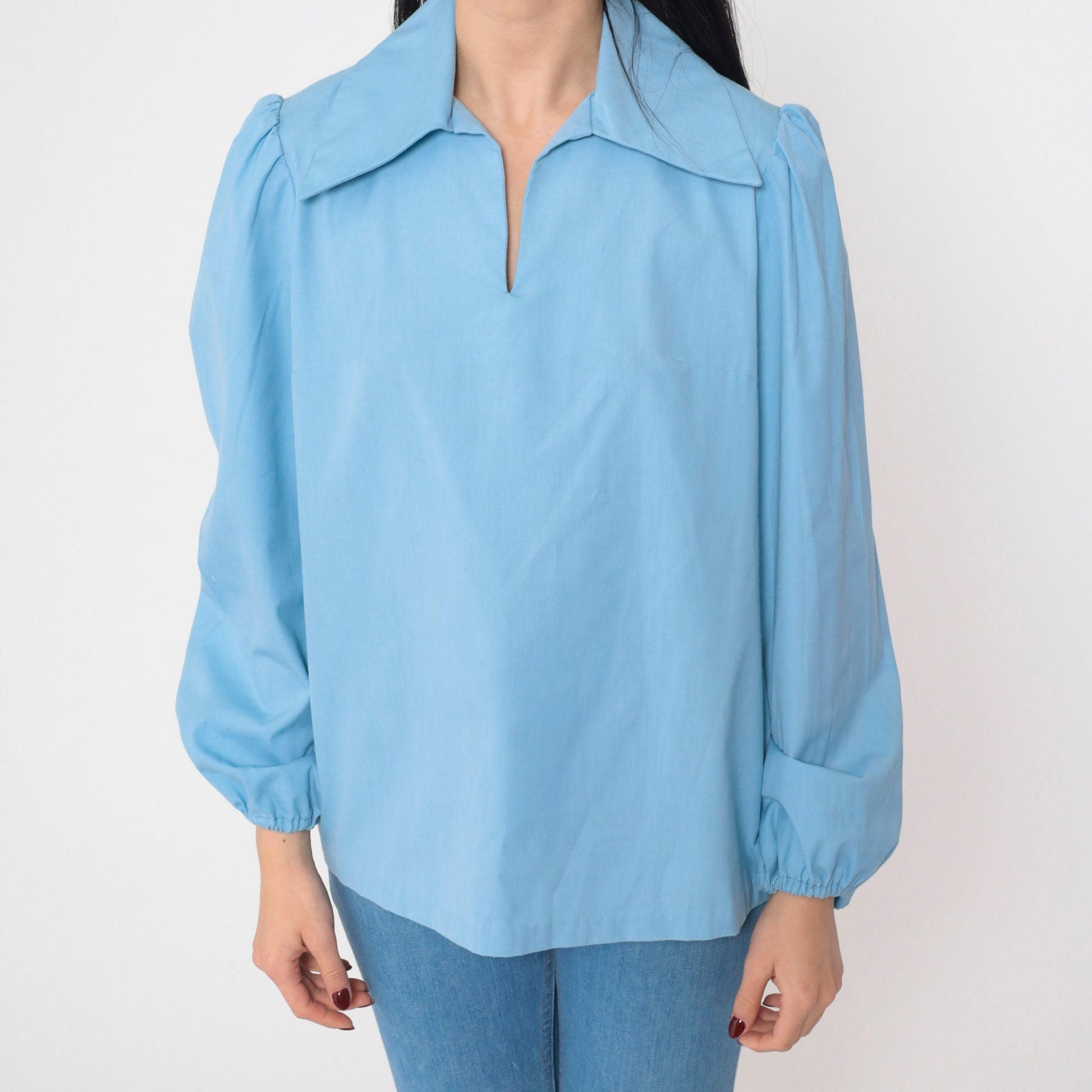 70s Baby Blue Blouse Puff Sleeve Collared V-Neck Long Sleeve Medium M