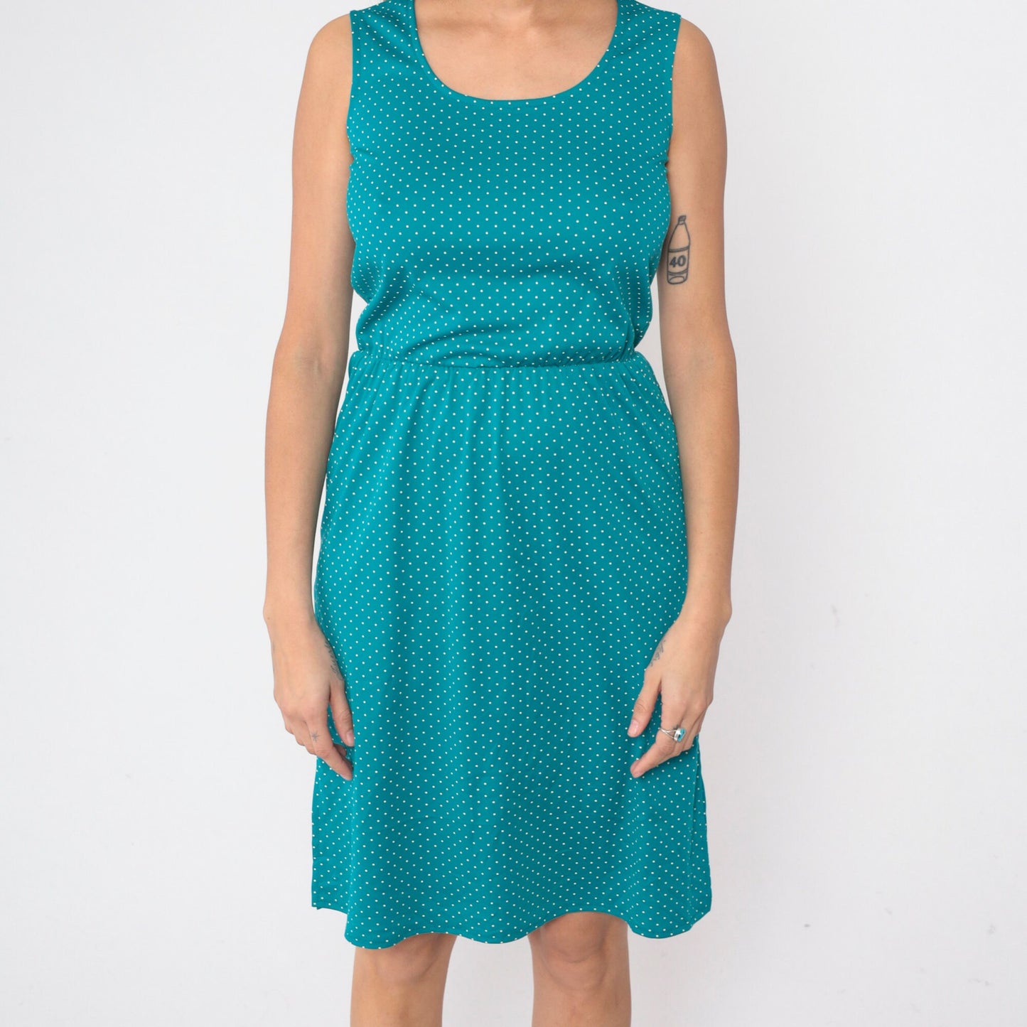 80s Teal Polka Dot Midi Dress Sleeveless High Waist Scoop Neck Small