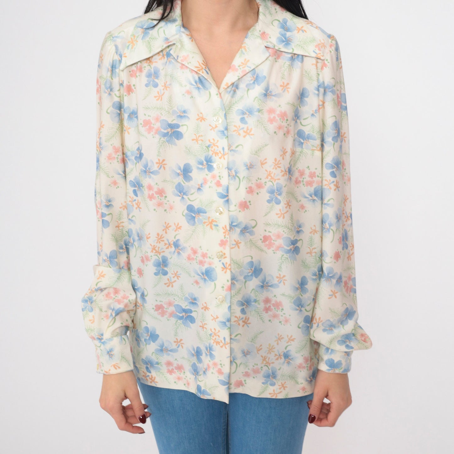 70s Floral Print Blouse White Puff Sleeve Button-Up Collared Shirt Medium